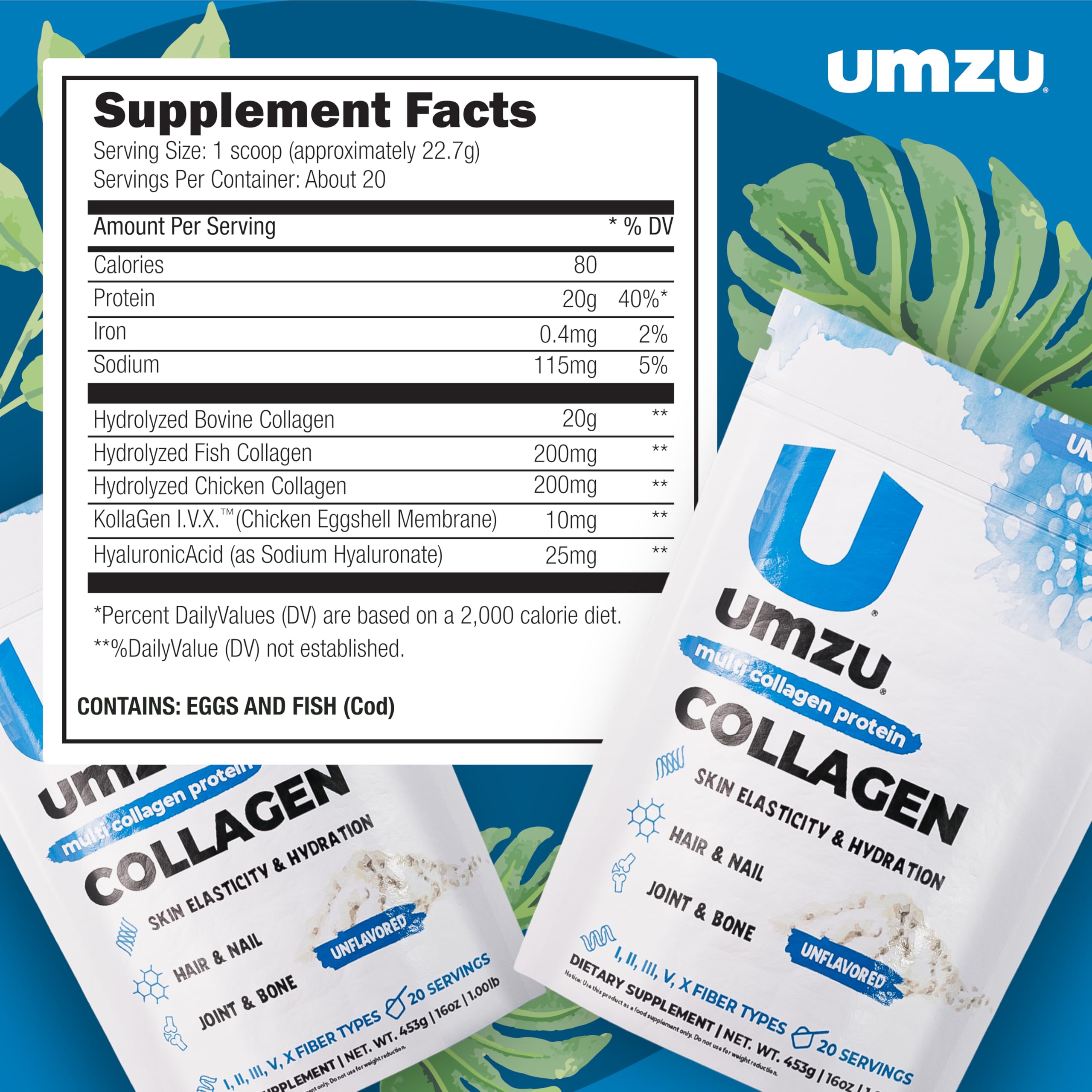 UMZU zuCollagen cucharada medidora con 20 g de proteína por porción
