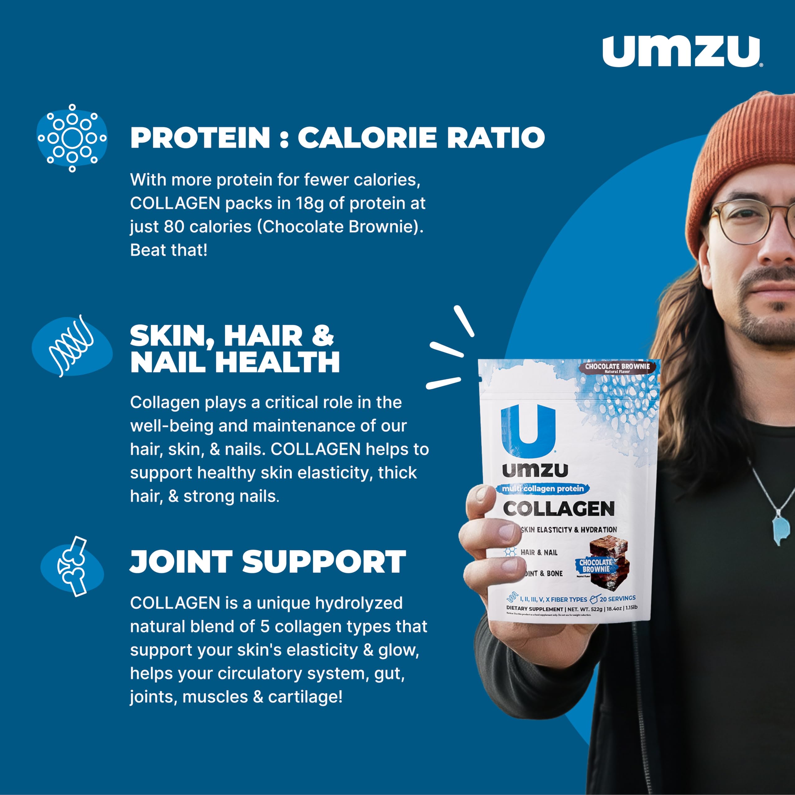 UMZU polvo zuCollagen textura fina con cacao visible que facilita mezcla rápida