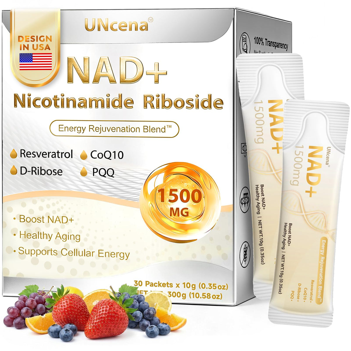 UNcena frente del empaque mostrando diseño y aporte de 1500 mg