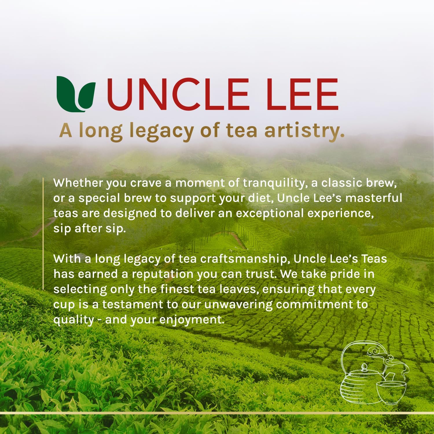Uncle Lee's Tea escena lifestyle en mesa de desayuno inspirando consumo diario