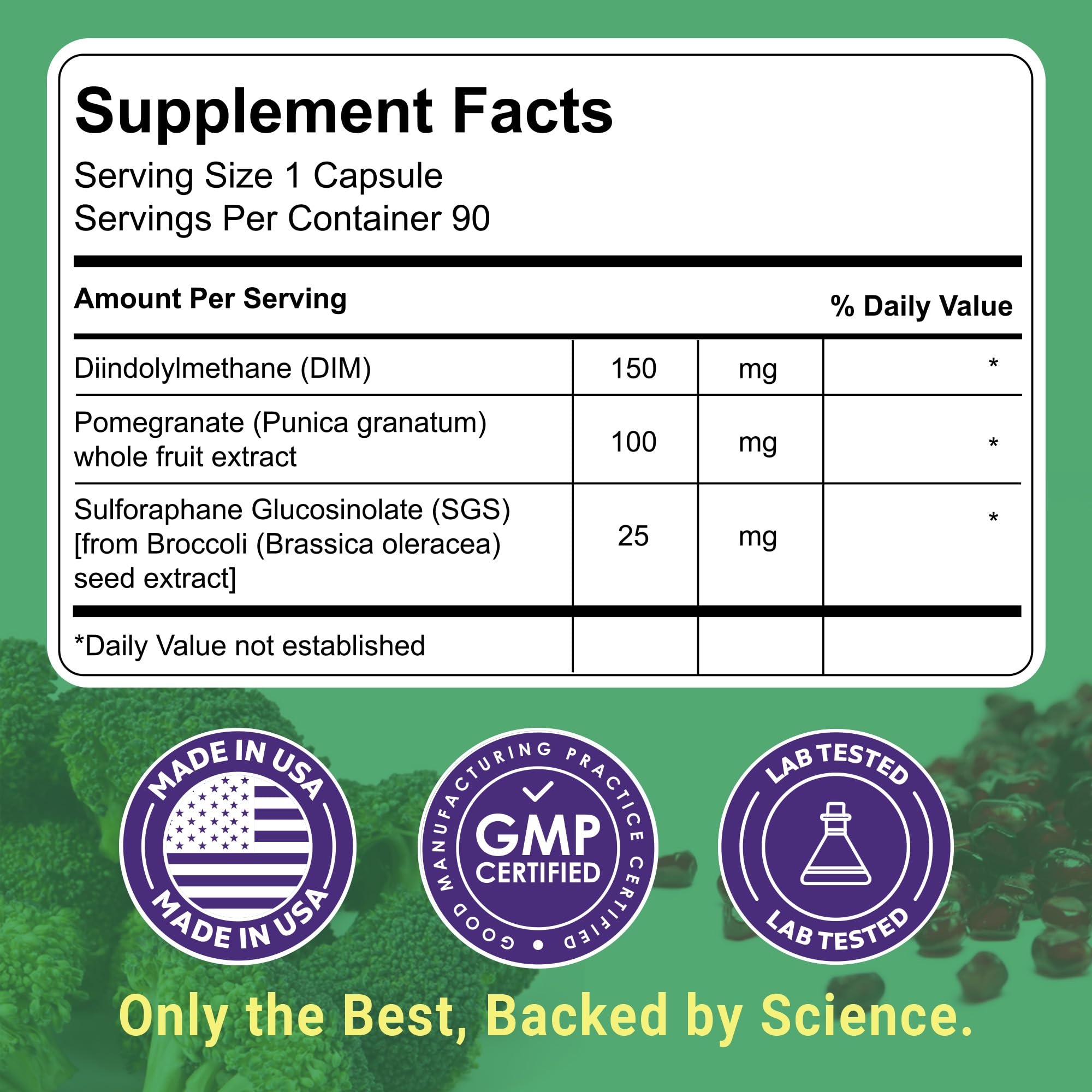 Uncle Scientist primer plano de ingredientes: DIM, SGS y granada identificables
