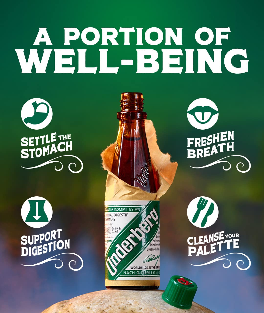 Underberg botella detalle de vidrio mostrando su color y textura, sensación auténtica