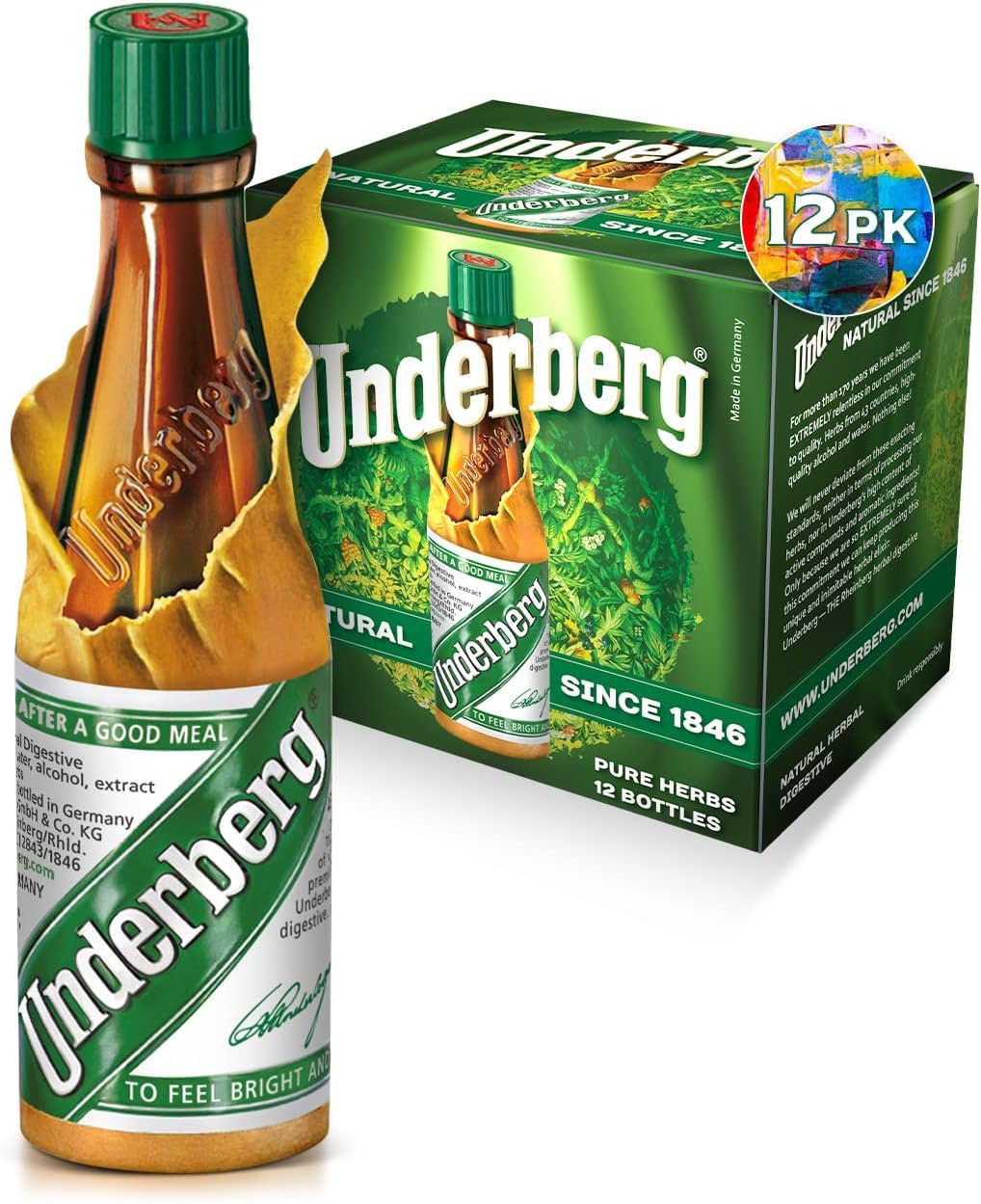 Underberg pack frontal con 12 botellas, presentación clásica y práctica