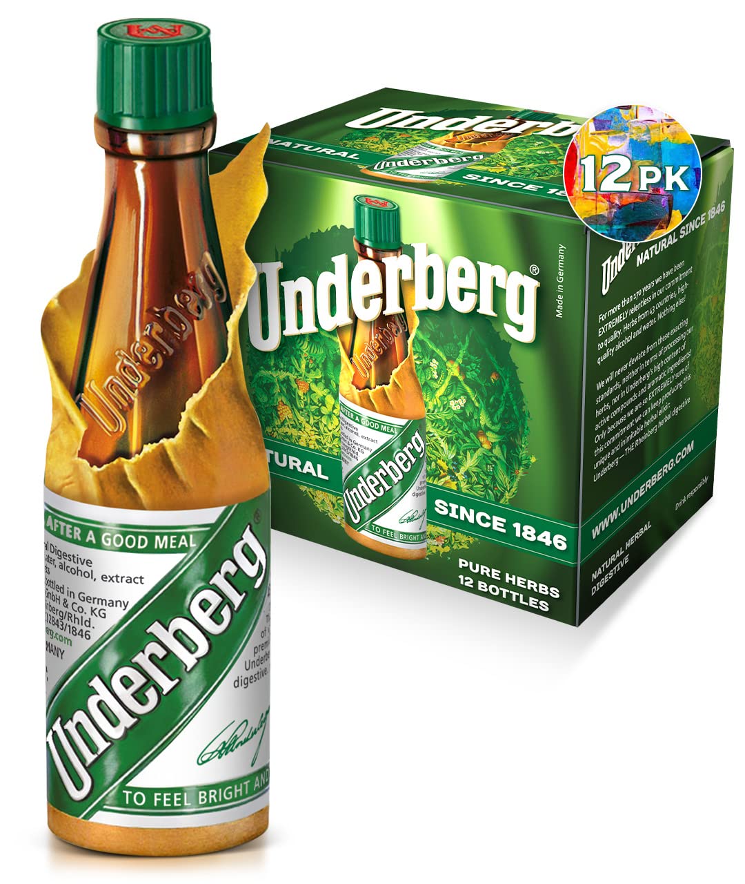Underberg pack frontal mostrando 12 botellas, marca Underberg y conveniencia