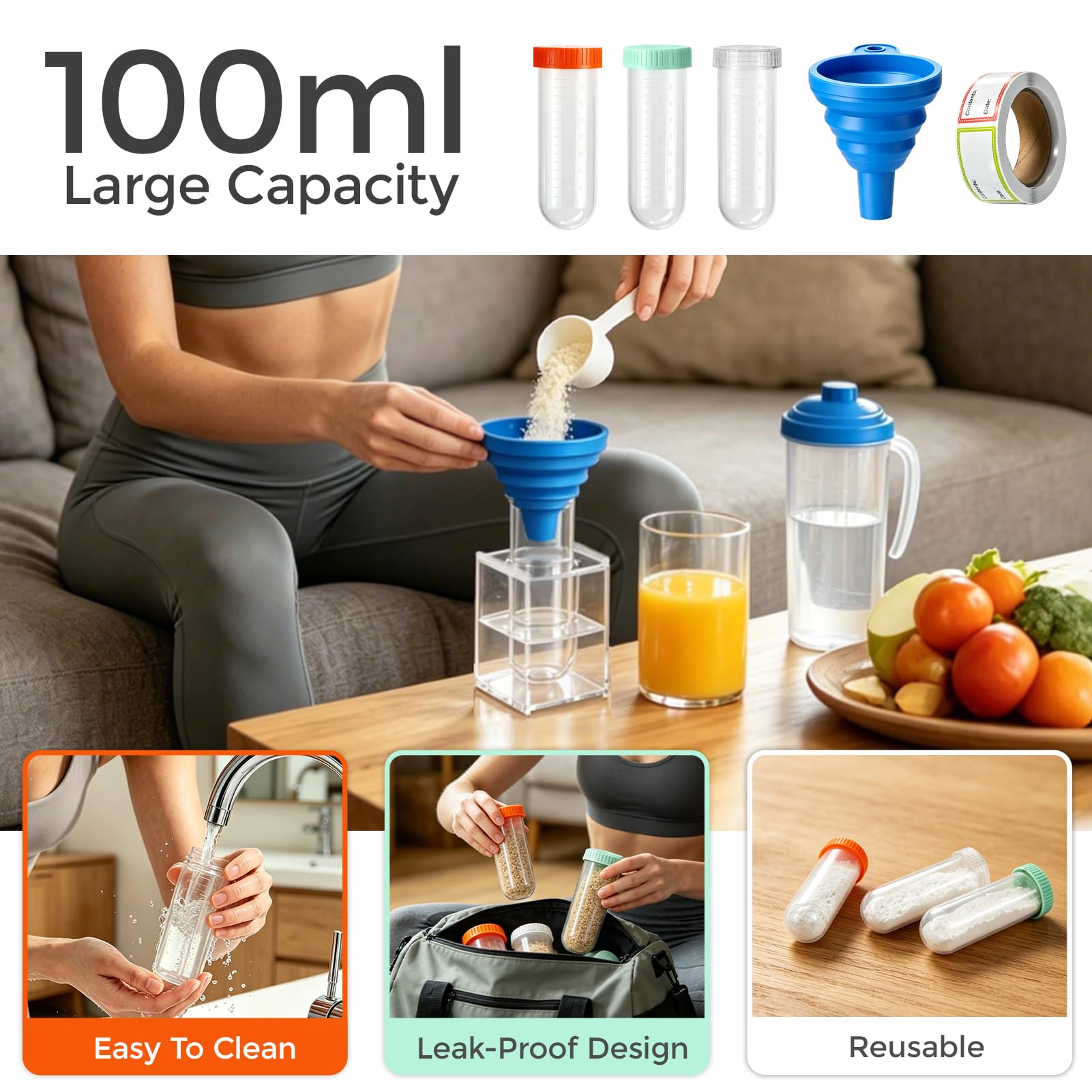 Undeuxall un usuario llenando taza de proteína en el gimnasio, prepara raciones rápidamente