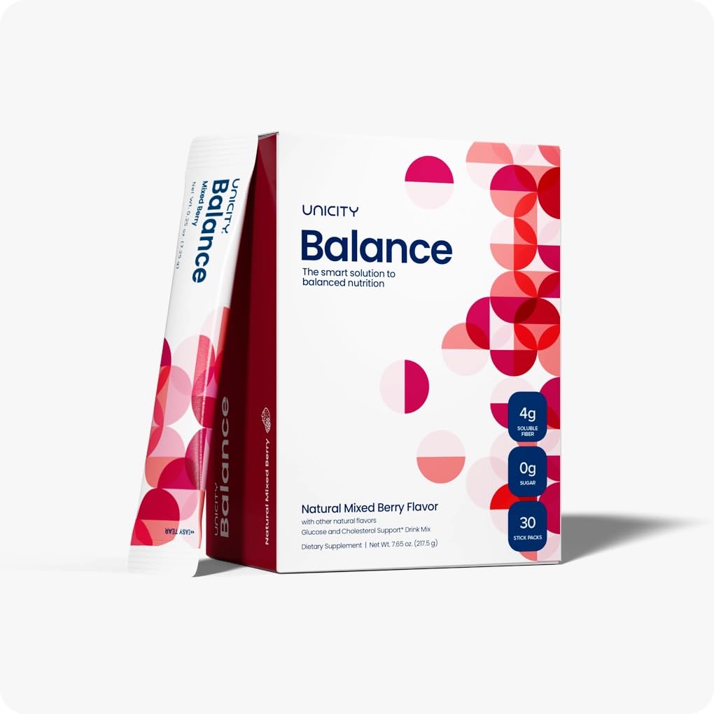 Unicity Balance vista frontal del empaque mostrando 30 sobres, práctico y portátil
