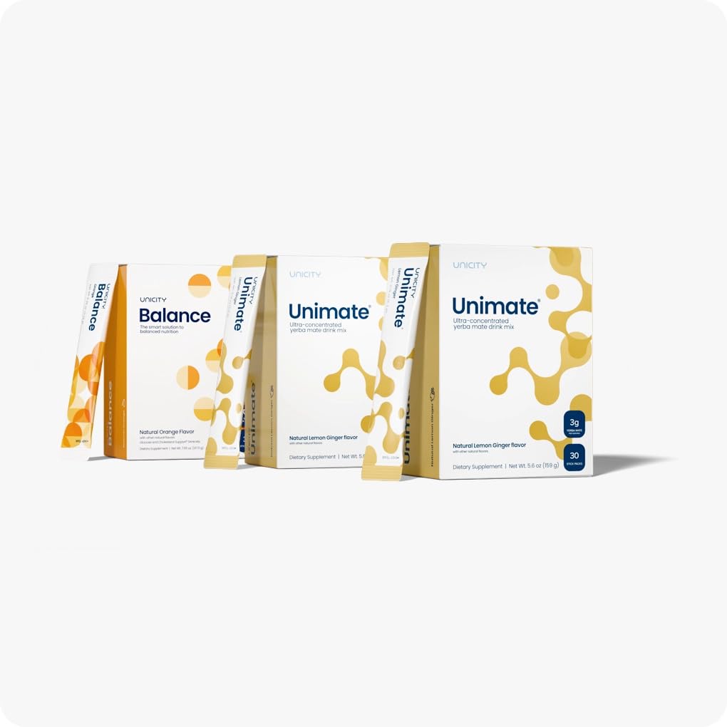 UNICITY pack frontal mostrando Balance y UNIMATE, conveniencia diaria