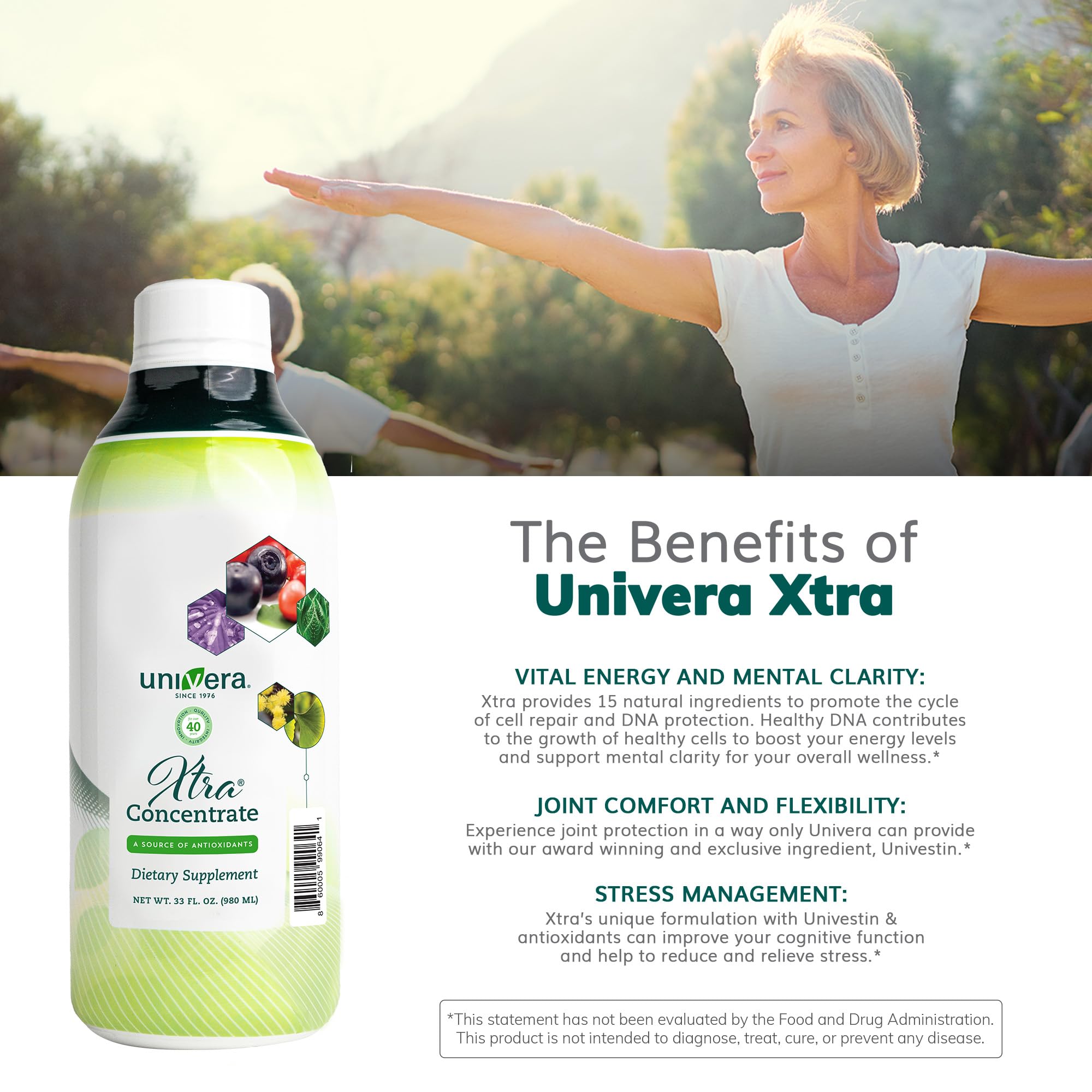 Univera Xtra Concentrate detalle de etiqueta con lista de ingredientes clave y beneficios