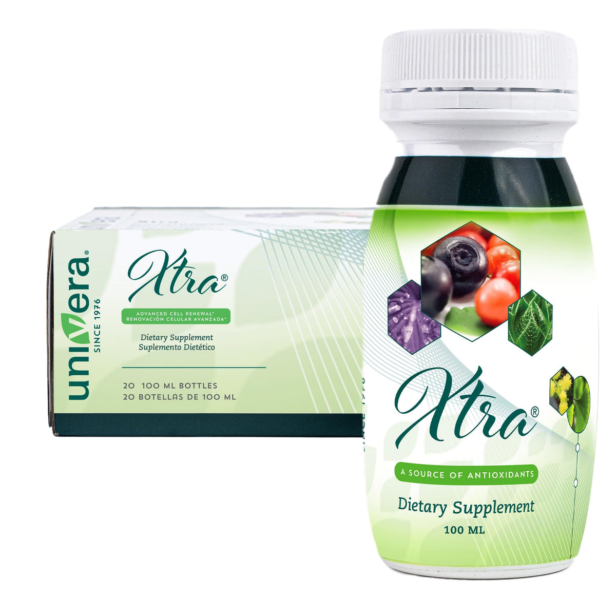 Univera Xtra Minis frasco frontal mostrando diseño y fácil consumo