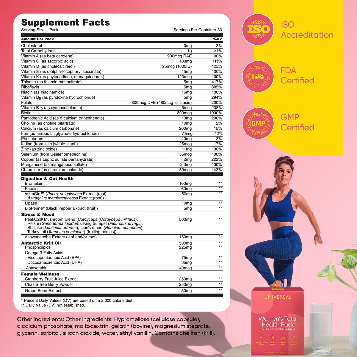 Universal U ingredientes principales mostrando krill, ashwagandha y cranberry
