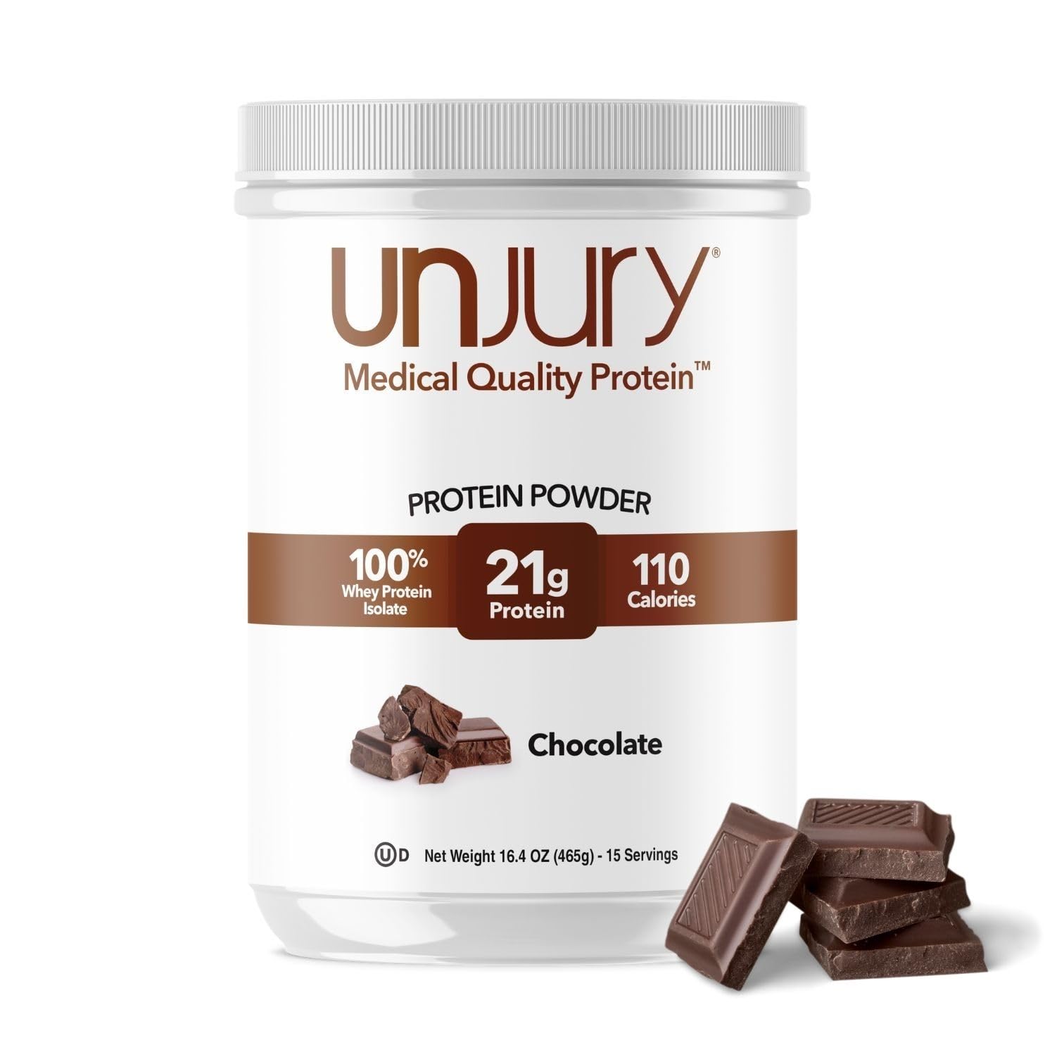 Unjury envase frontal chocolate mostrando marca y porciones, claridad de uso