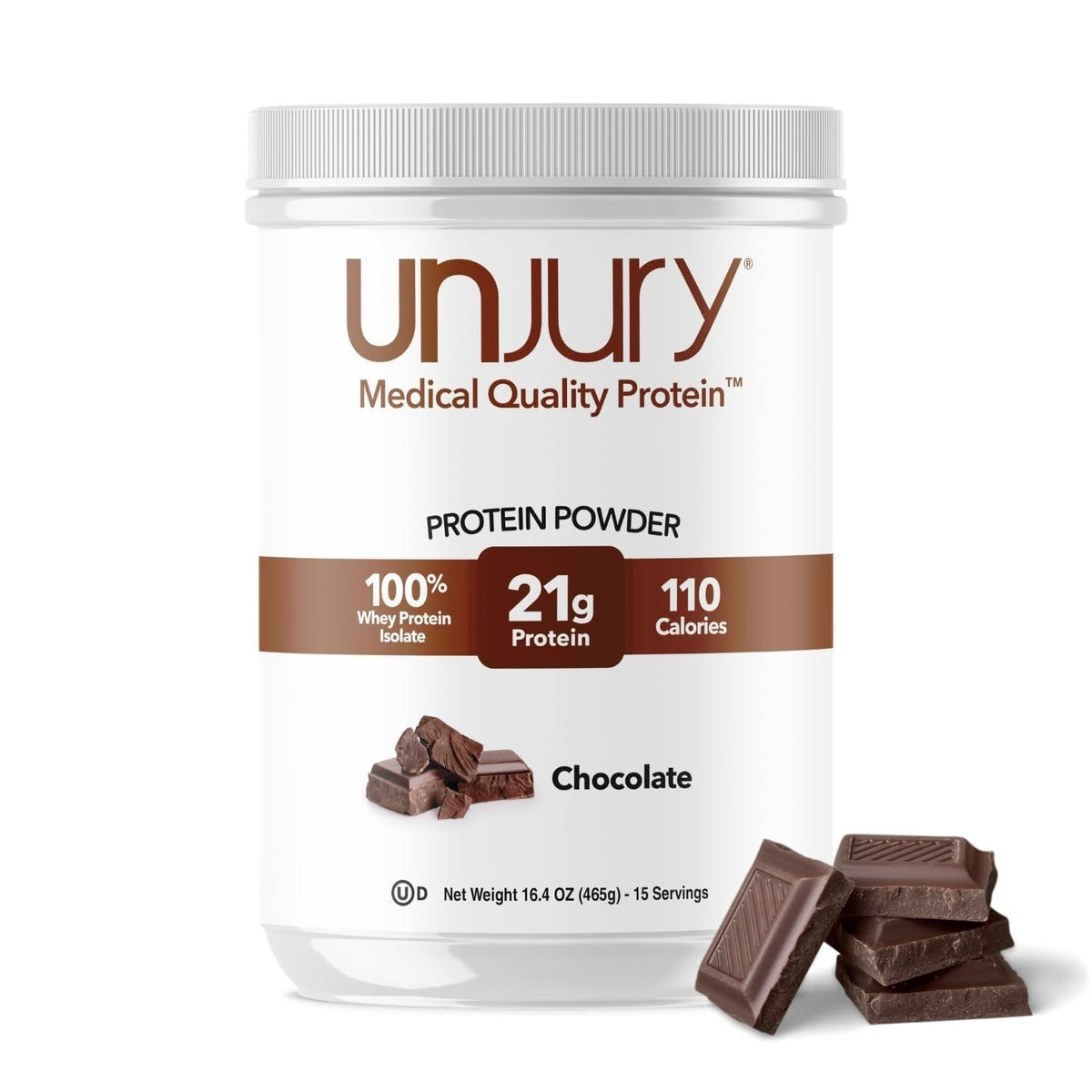 Unjury envase frontal chocolate mostrando marca y porciones, claridad de uso