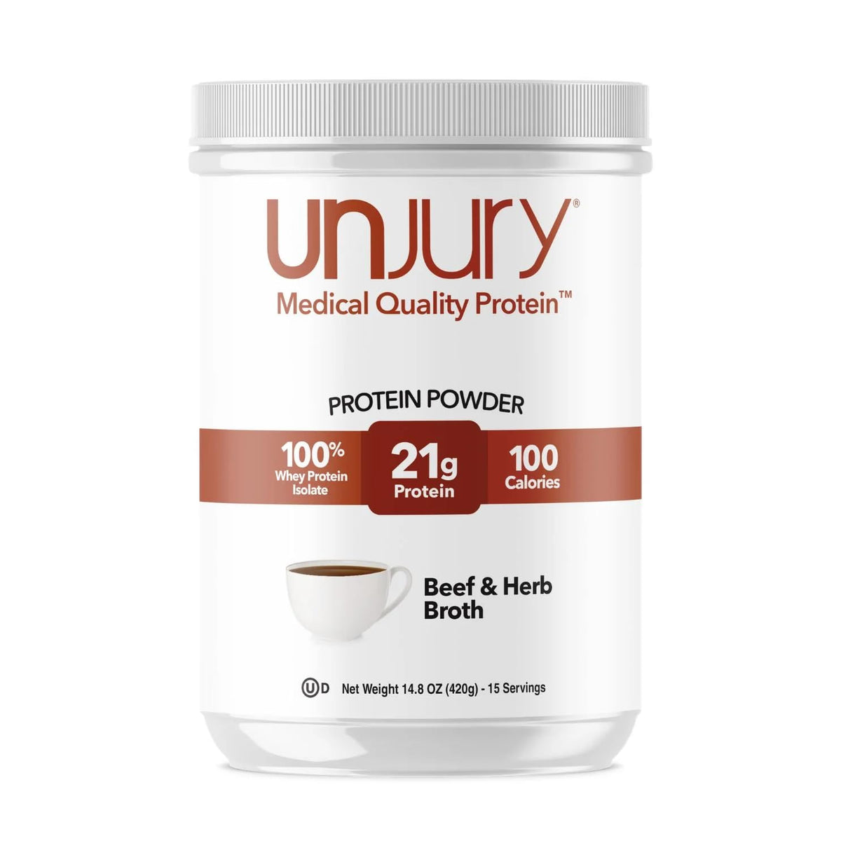 Unjury envase frontal Beef and Herb mostrando etiqueta y beneficios