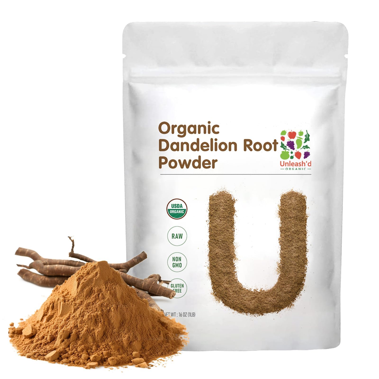 UNLEASH'D ORGANIC frente del envase mostrando 16oz y diseño claro
