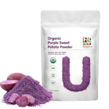 UNLEASH'D ORGANIC envase frontal con polvo de papa morada, presentación clara y orgánica