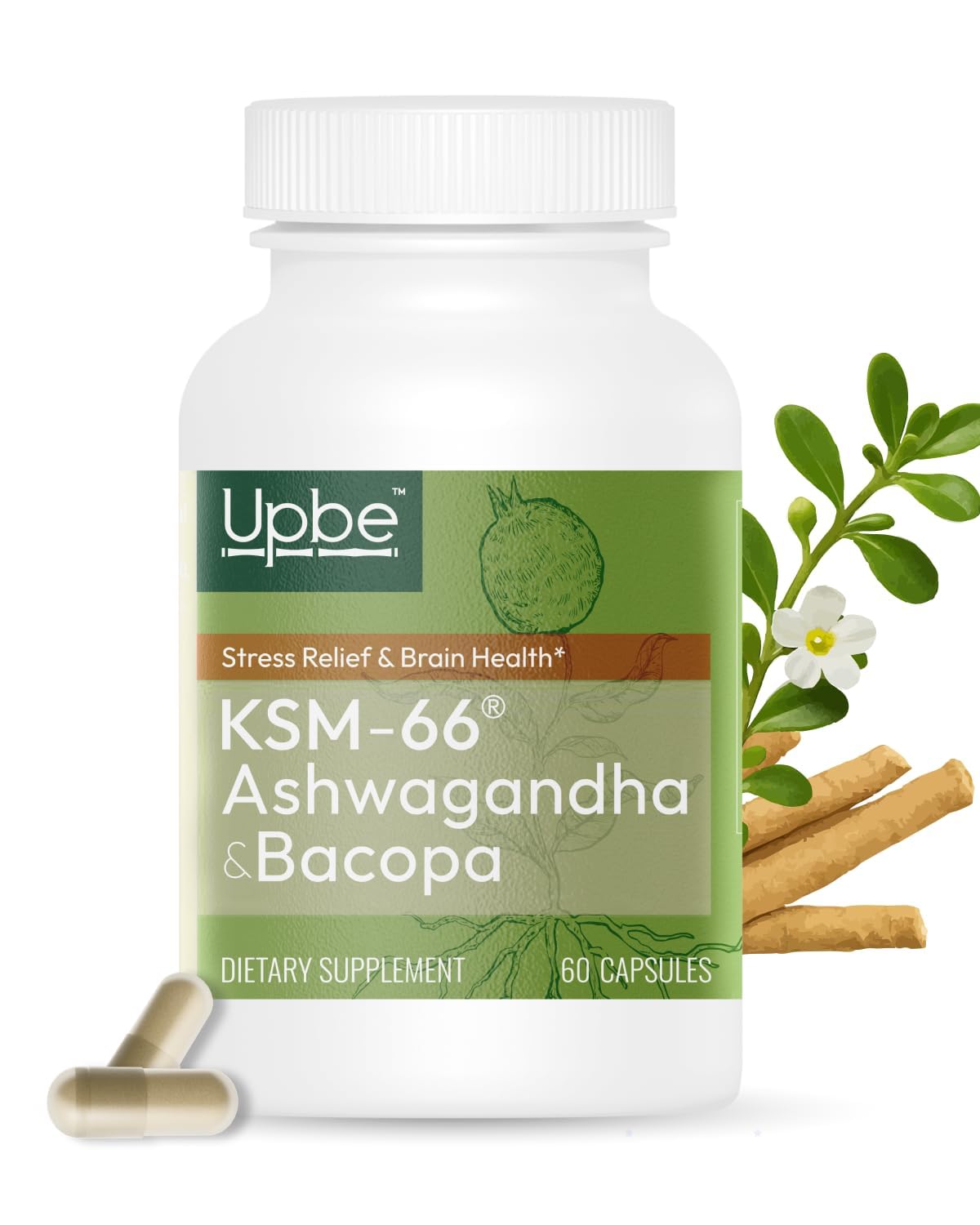 Upbe frasco frontal con KSM-66® mostrando apoyo al estrés