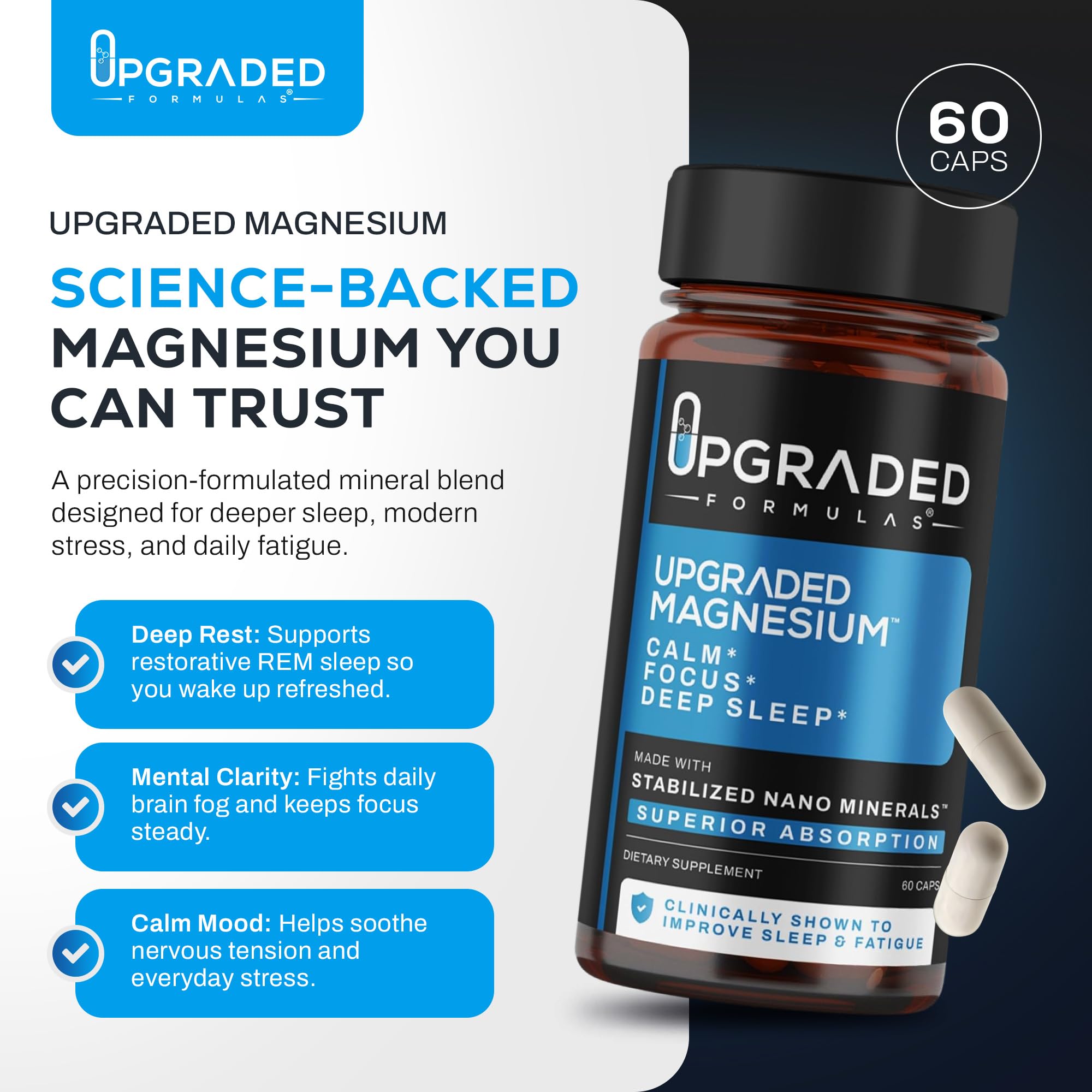 Upgraded Formulas cápsulas en mano demostrando tamaño y fácil ingestión
