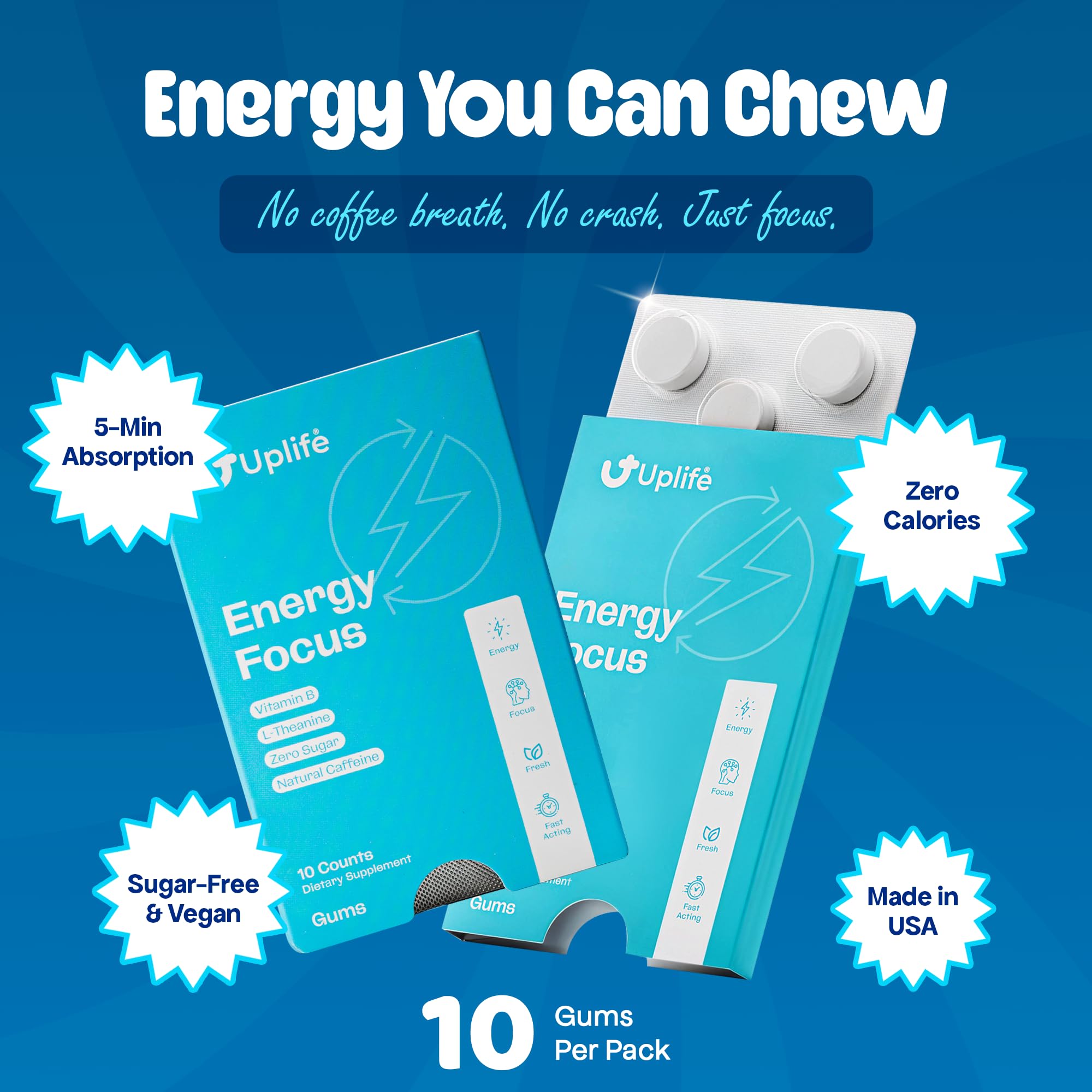 UPLIFE primer plano de chicle para apreciar textura y liberación rápida