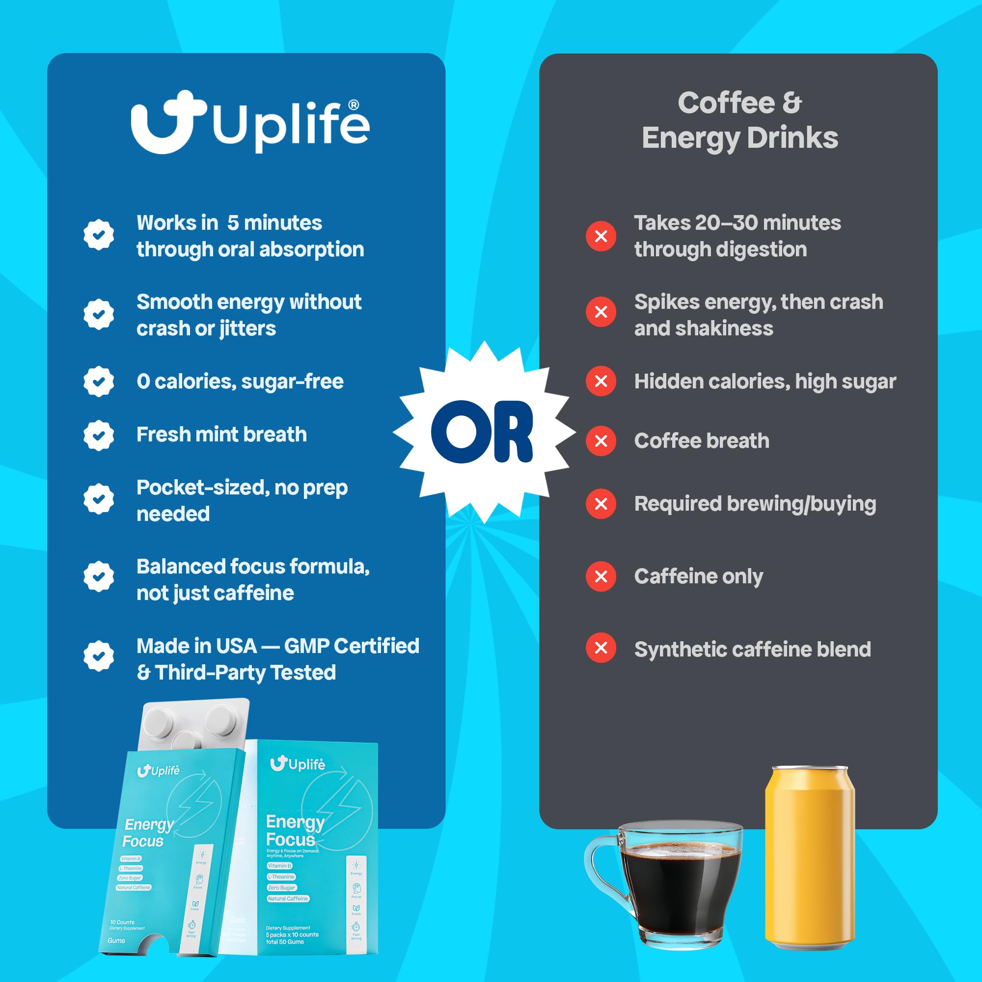 UPLIFE etiqueta de ingredientes para ver cafeína, L-teanina y vitaminas