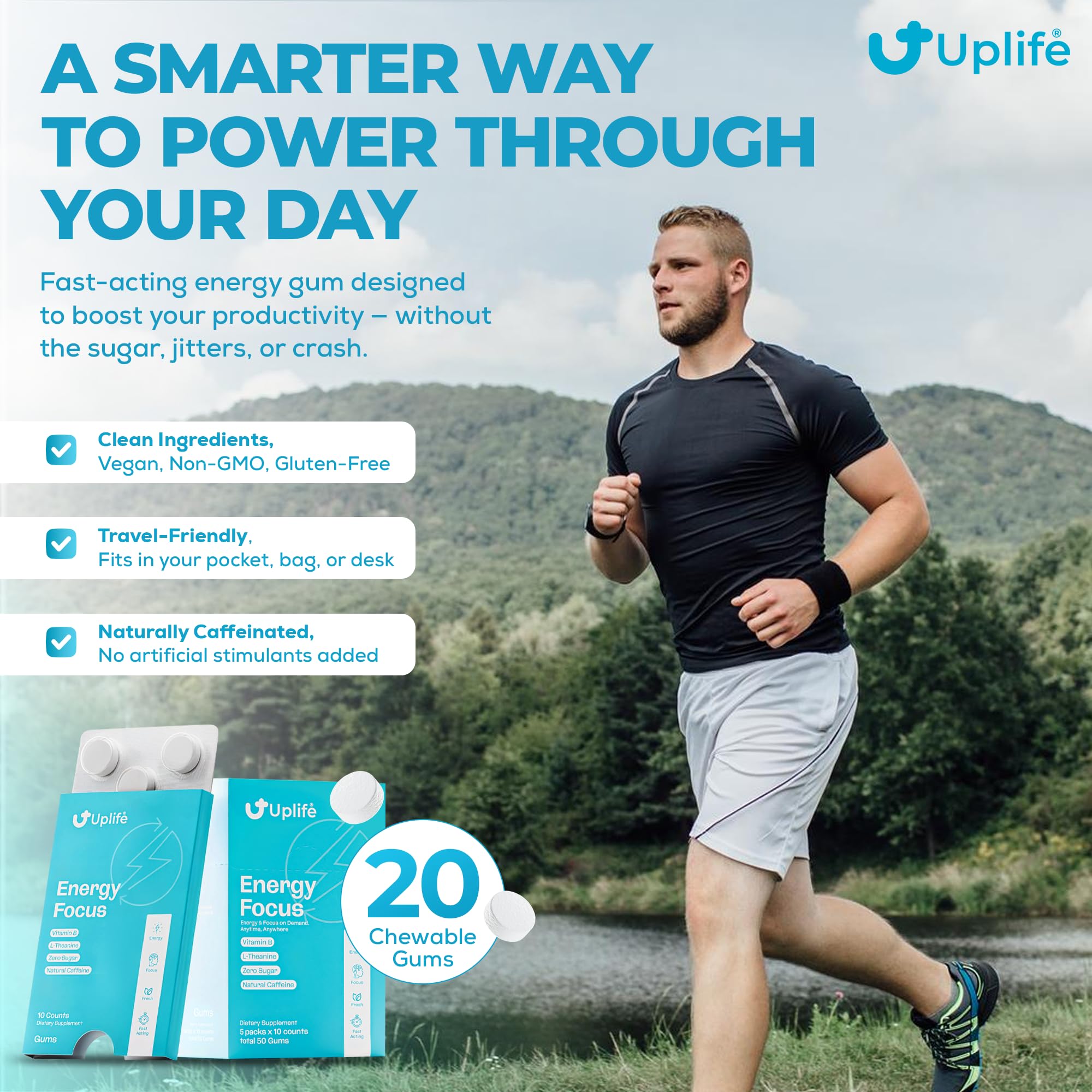UPLIFE etiqueta de ingredientes mostrando cafeína, L‑Theanine y vitaminas para claridad