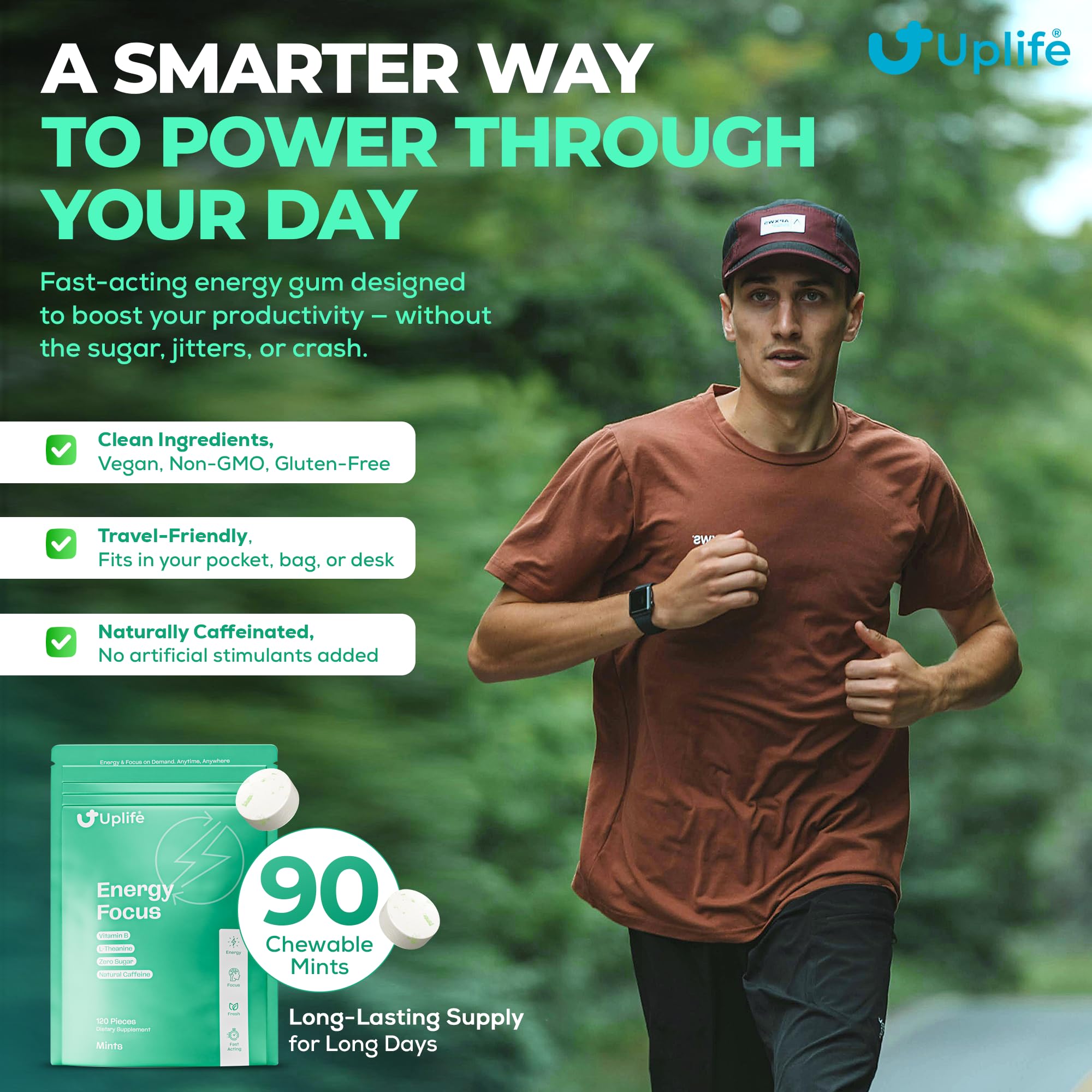 Textura de menta Uplife en primer plano, destaca refresco y disolución rápida
