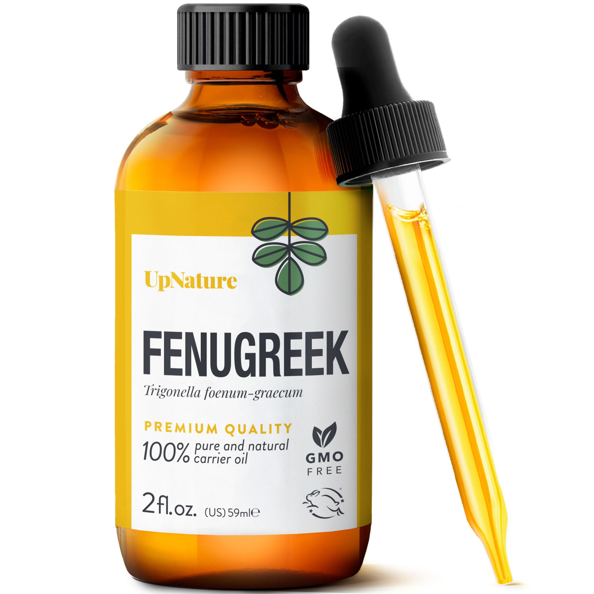 UpNature aceite de fenogreco vista frontal con botella y etiqueta clara, calidad pura