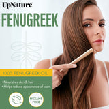 UpNature aceite de fenogreco gota sobre piel mostrando textura y absorción rápida