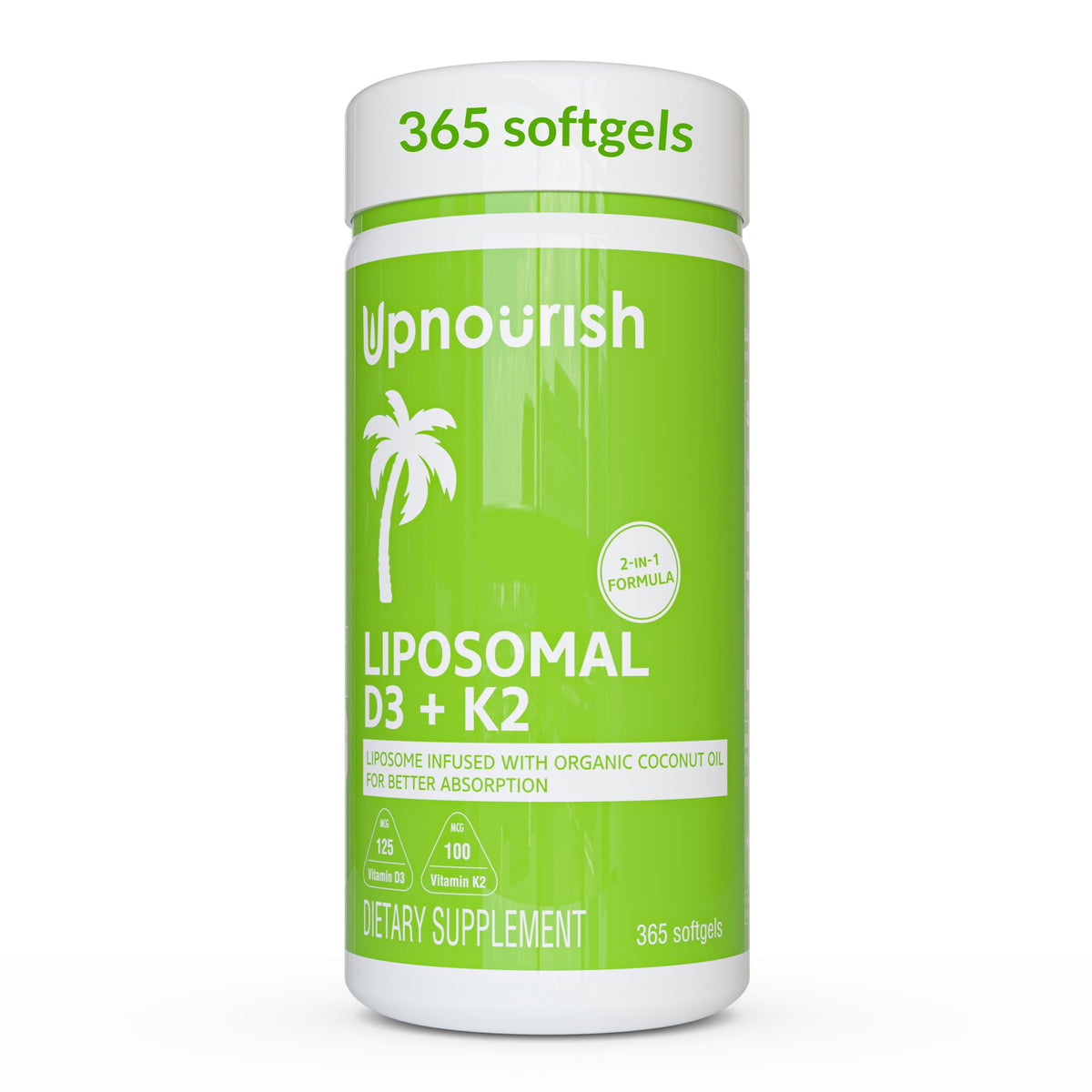 UpNourish frasco frontal mostrando 365 mini softgels para uso anual