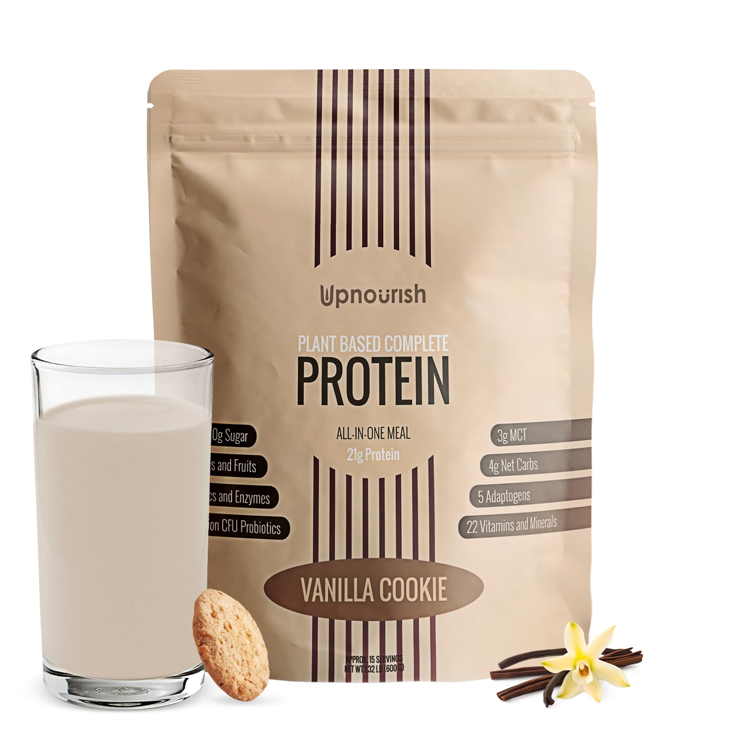 UpNourish envase delantero Vanilla Cookie mostrando beneficios y diseño