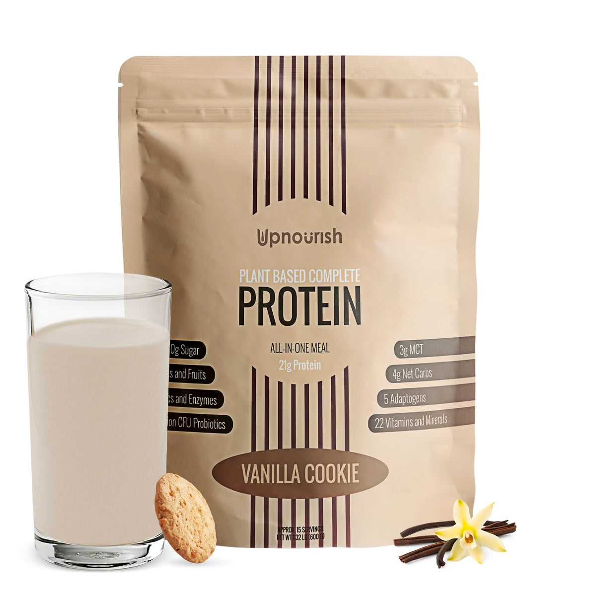 UpNourish envase delantero Vanilla Cookie mostrando beneficios y diseño