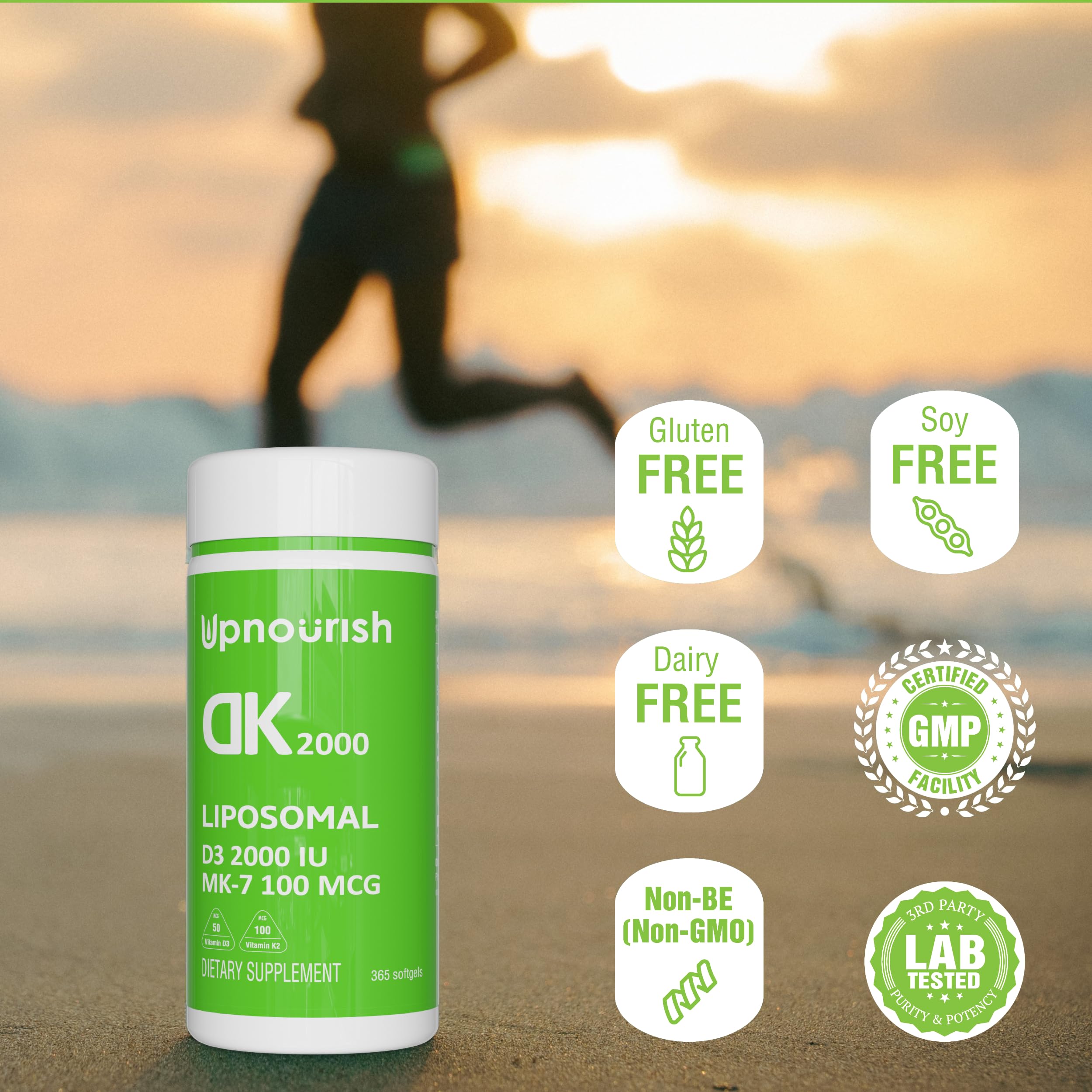 UpNourish etiqueta con información de D3 2000 IU y K2 MK-7 100 mcg