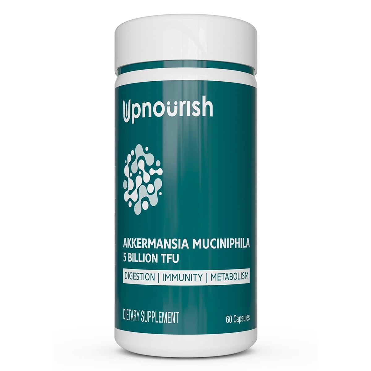 UpNourish frasco frontal mostrando cápsulas y marca, claridad y confianza en salud digestiva