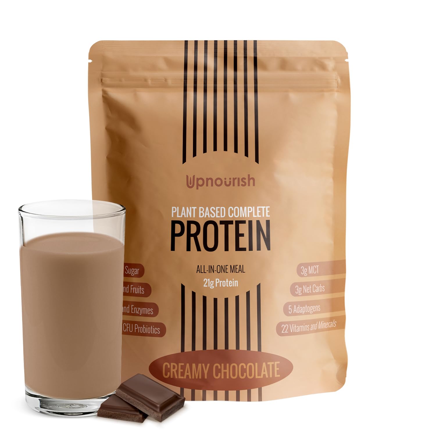 UpNourish frente del empaque mostrando proteína vegana y beneficios