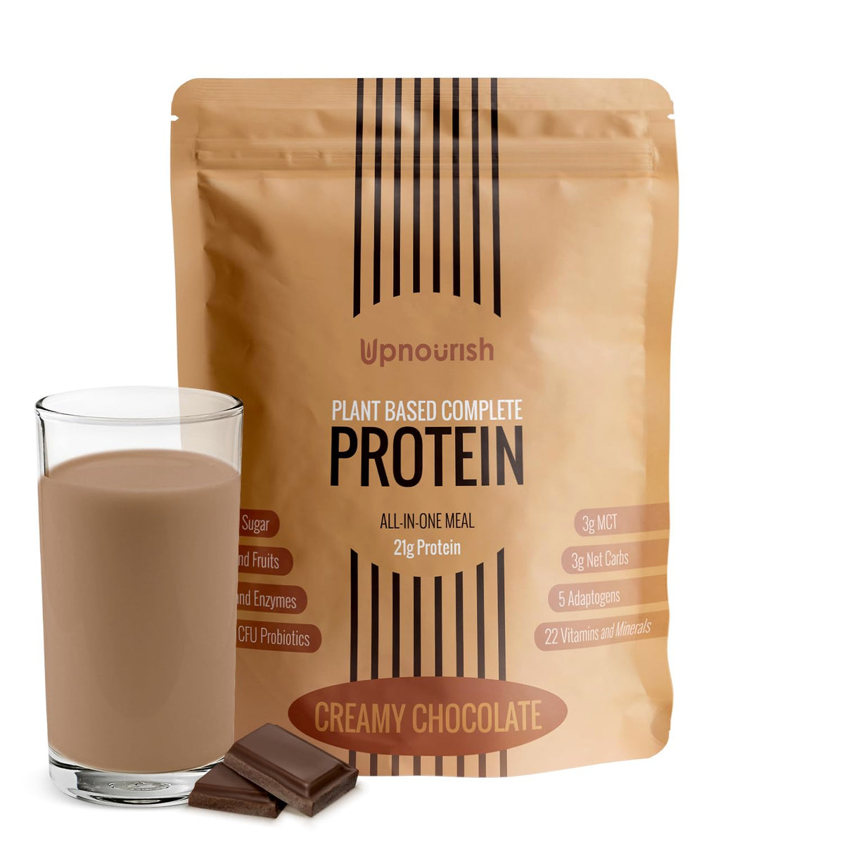 UpNourish frente del empaque mostrando proteína vegana y beneficios