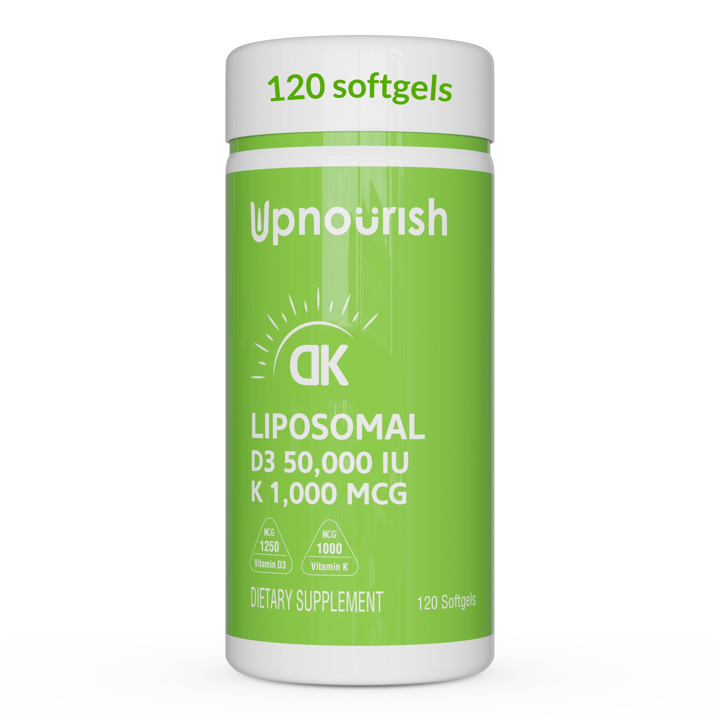 UpNourish frasco frontal mostrando envase y cantidad, práctico para suministro semanal