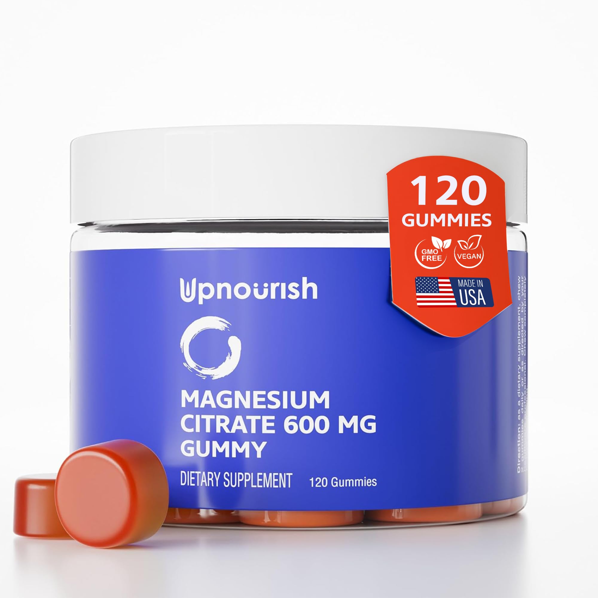 UpNourish frontal del envase mostrando beneficios y cuenta de gomitas