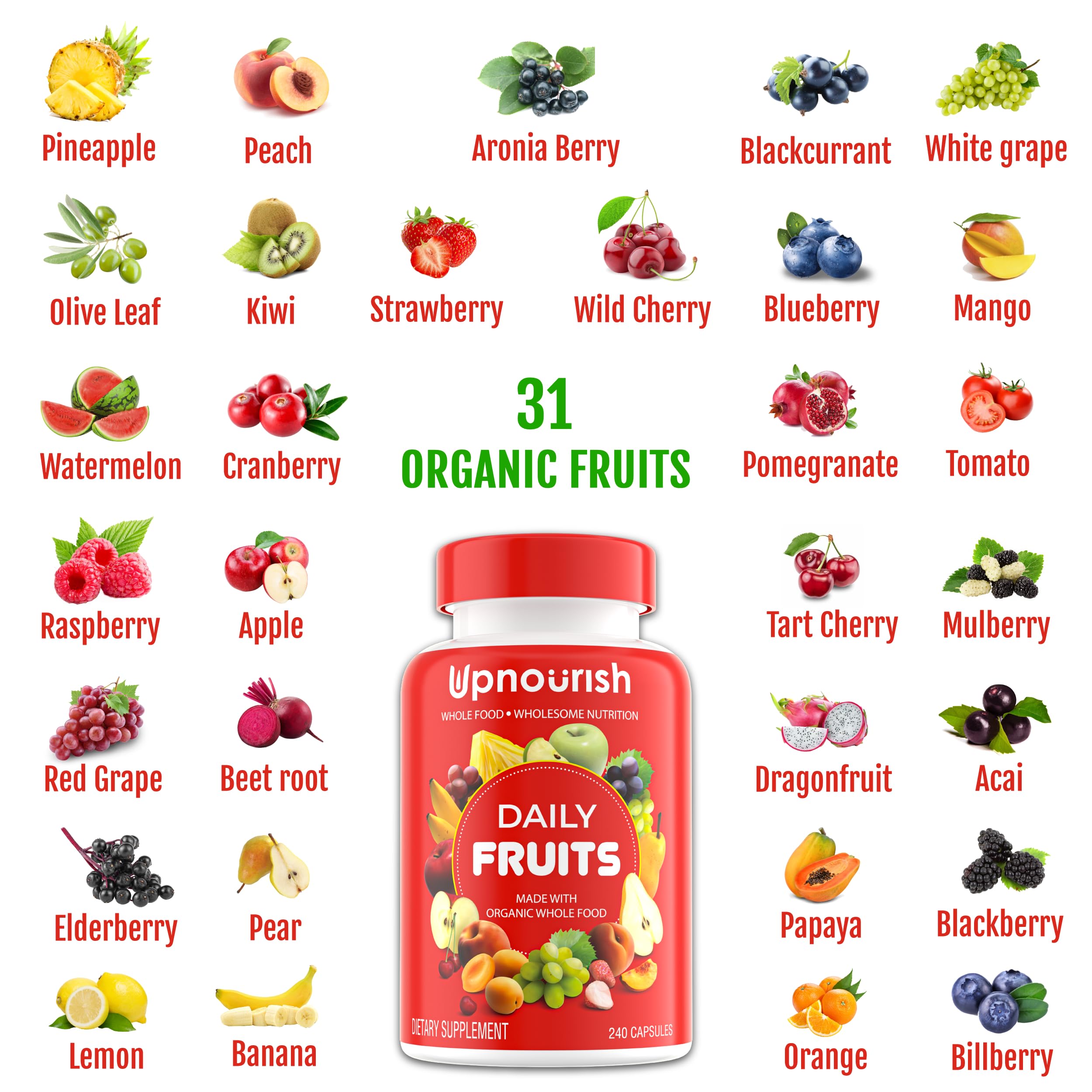 Ingredientes UpNourish sobre mesa mostrando frutas y verduras frescas