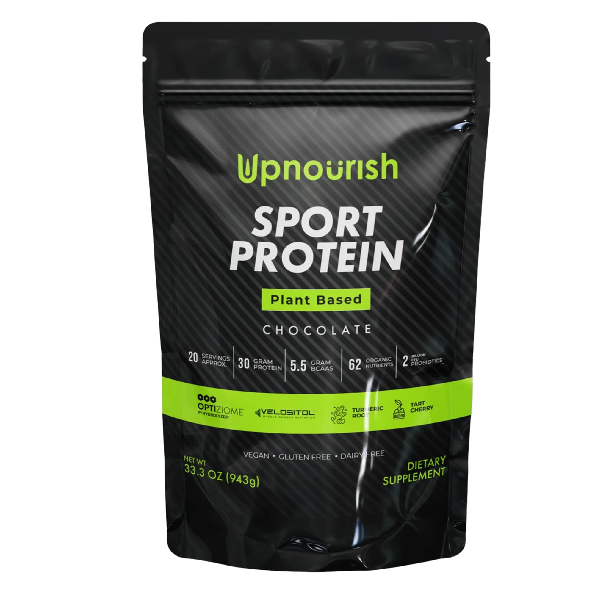 UpNourish envase frontal de Vegan Sport Protein Chocolate mostrando marca y sabor