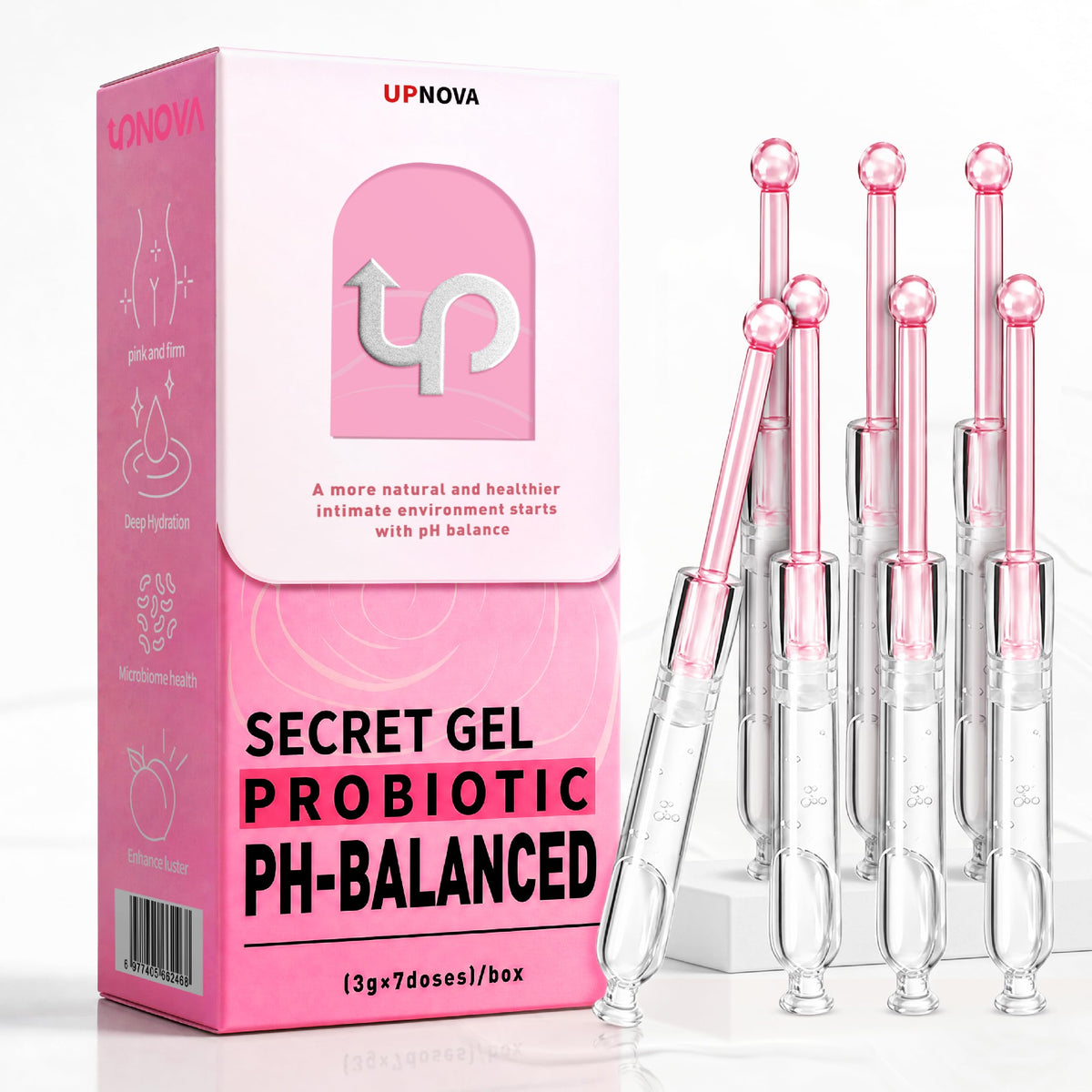 UPNOVA envase frontal mostrando el pack de 7 aplicadores y su beneficio práctico