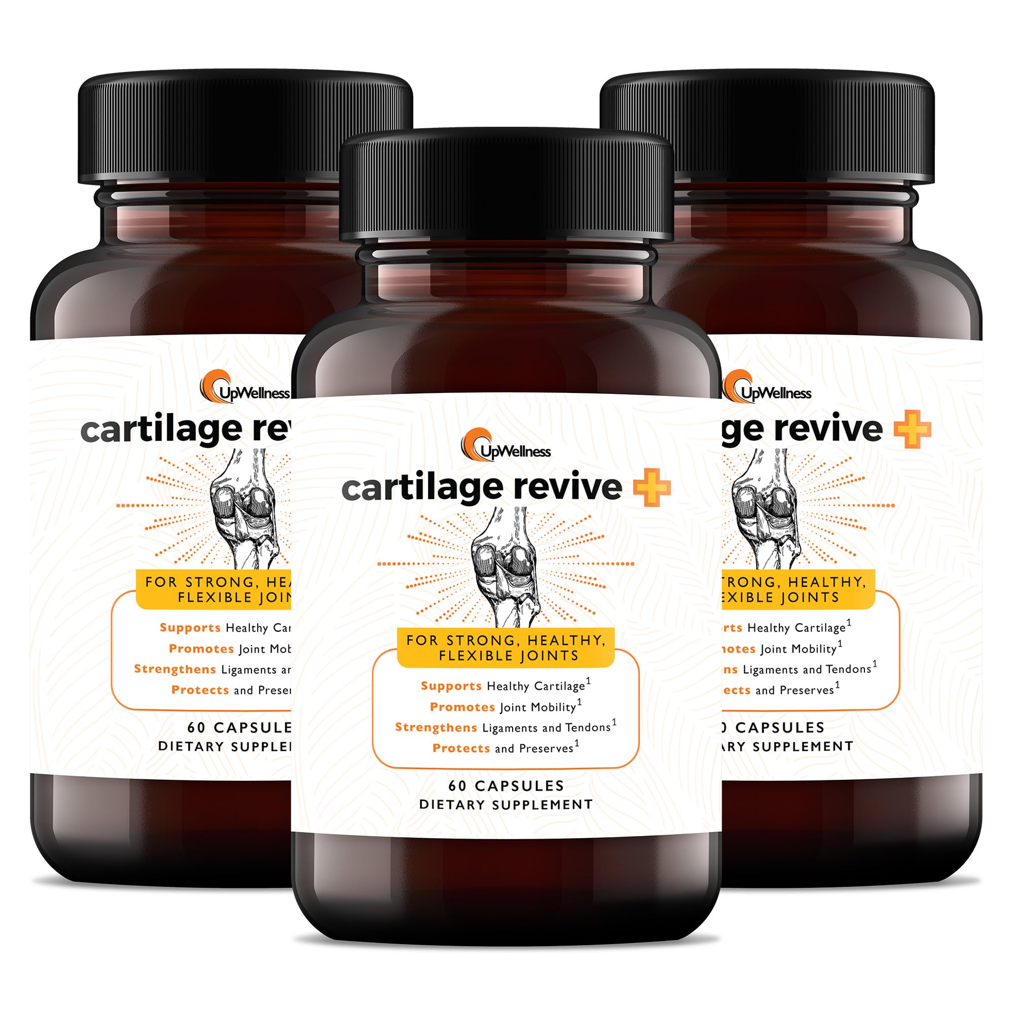 UpWellness frasco frontal del suplemento Cartilage Revive + mostrando presentación y beneficio de apoyo articular