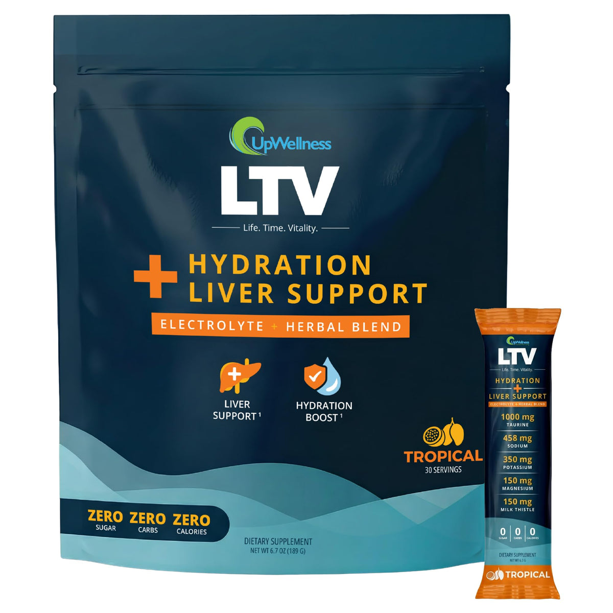 UpWellness LTV frente del empaque mostrando 30 sobres y beneficios visibles