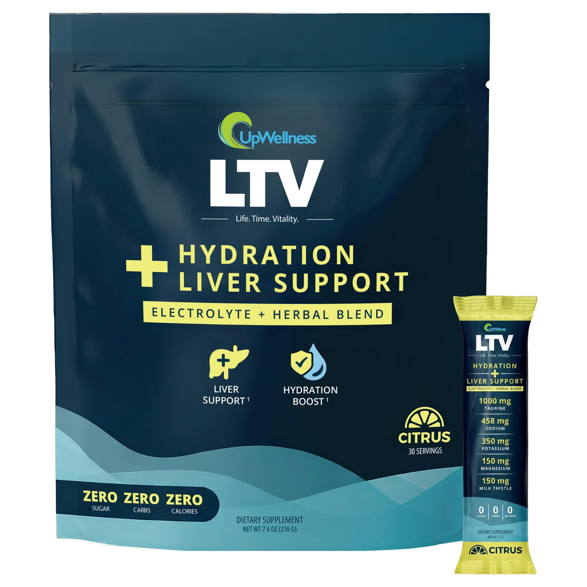 UpWellness empaque frontal LTV mostrando diseño y beneficio de hidratación