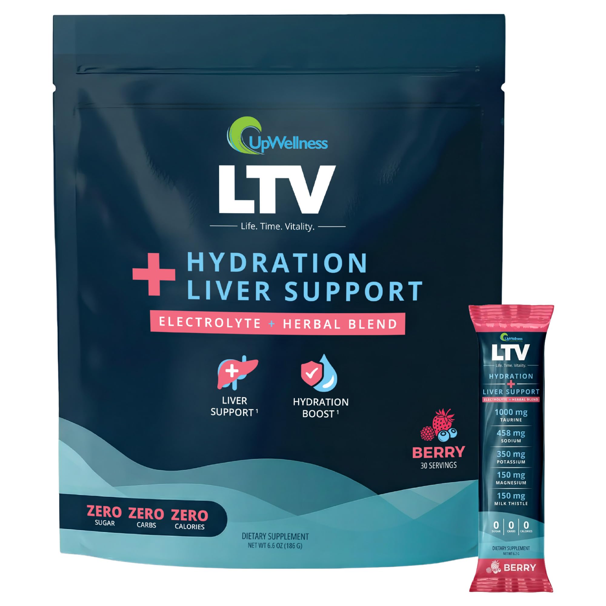 UpWellness LTV frente del empaque mostrando 30 sobres y beneficios claros