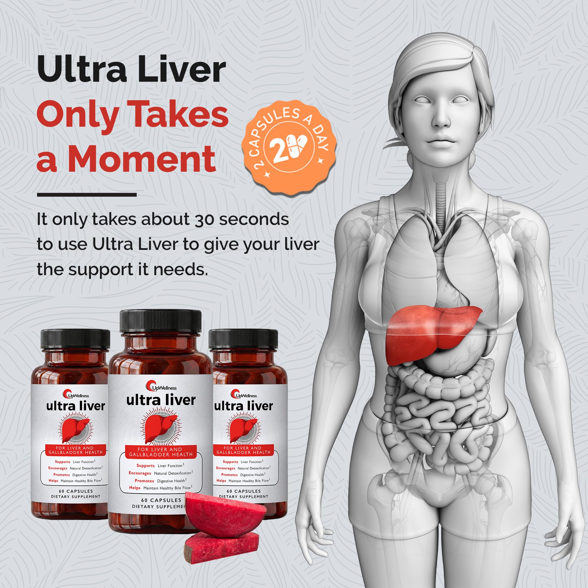 UpWellness etiqueta nutricional de Ultra Liver con lista de ingredientes clave