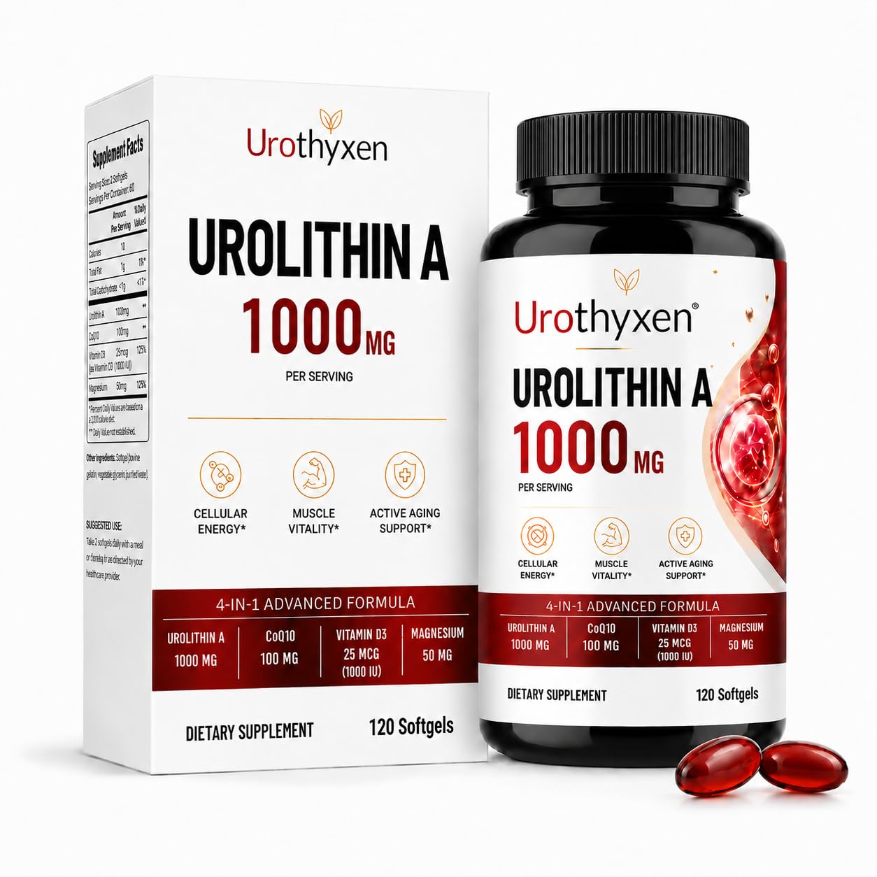 Urothyxen envase frontal mostrando 120 softgels y beneficios diarios