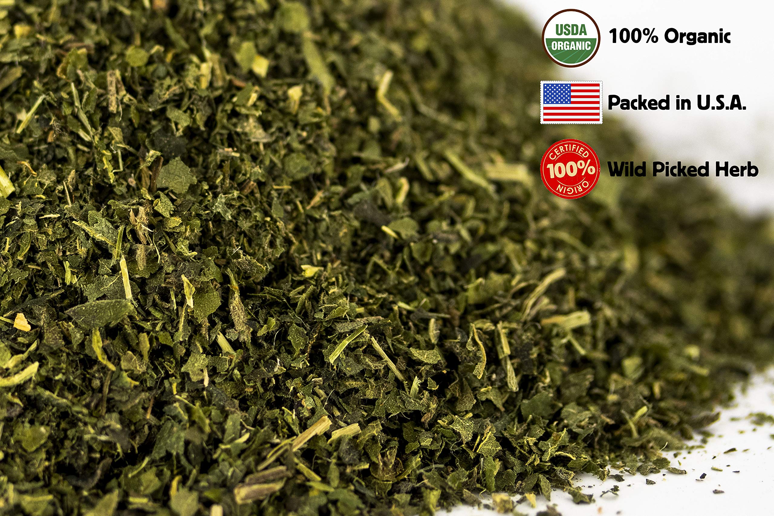 U.S. Wellness Naturals té de ortiga en taza, ilustrando color verde y aspecto suave