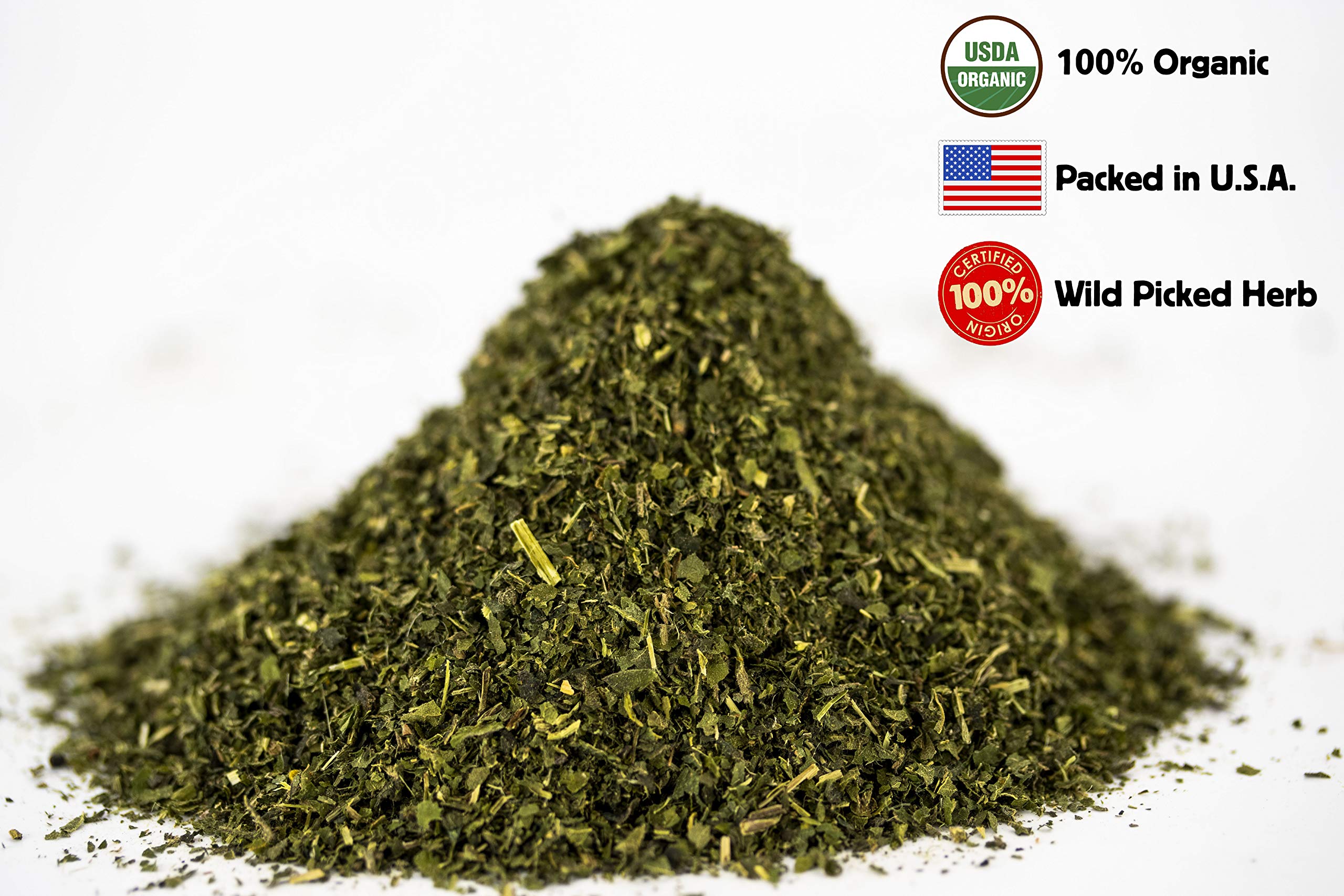U.S. Wellness Naturals primer plano de hojas de ortiga cortadas, revela textura y frescura