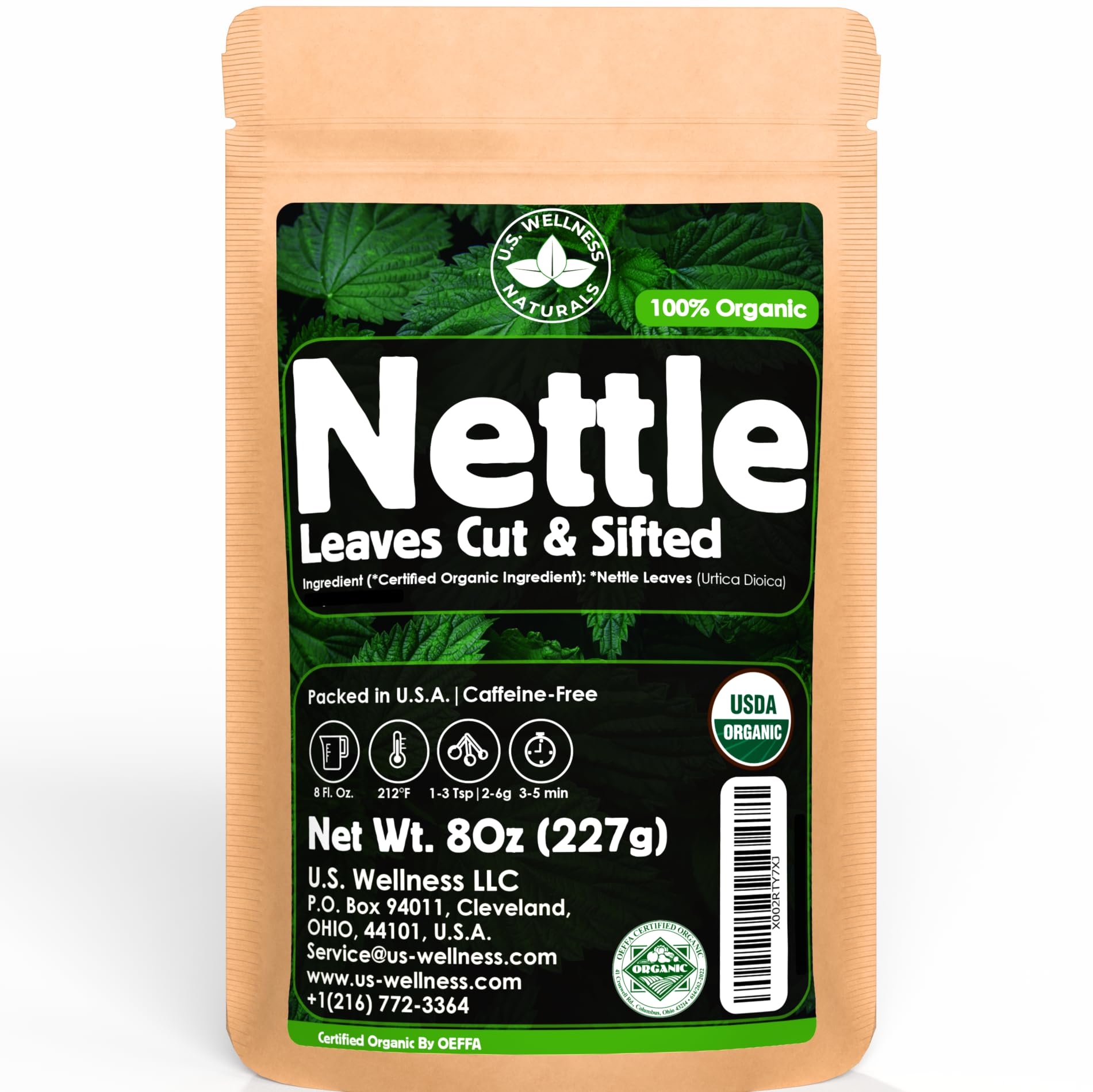 U.S. Wellness Naturals empaque frontal de té de ortiga silvestre, muestra calidad orgánica