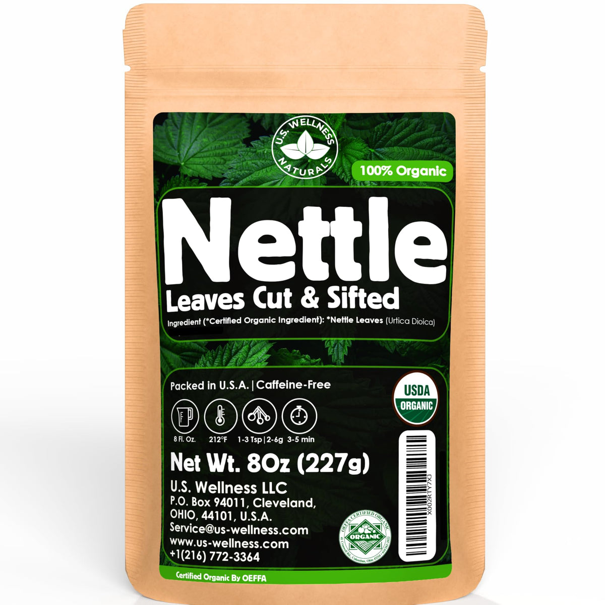 U.S. Wellness Naturals empaque frontal de té de ortiga silvestre, muestra calidad orgánica