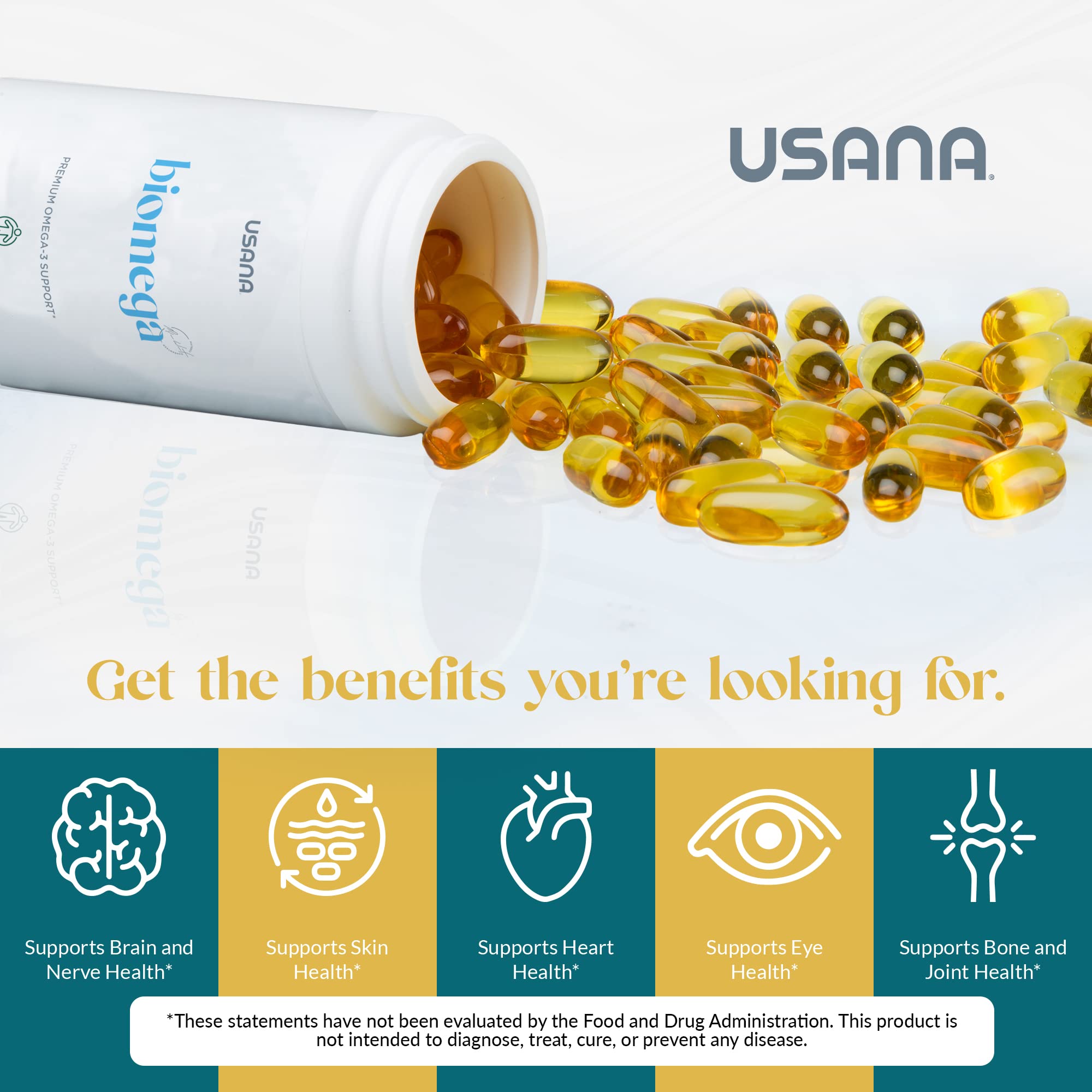 USANA BiOmega botella abierta con cápsulas, facilidad de dosificación visible